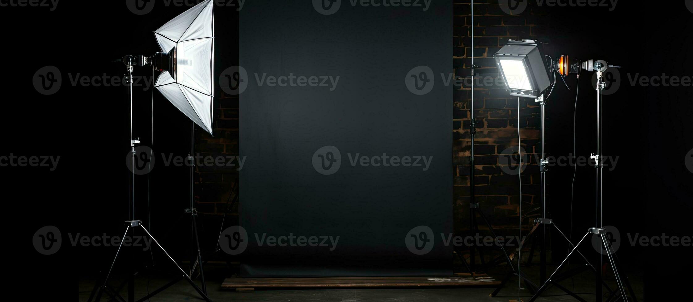 en professionell fotografi studio blixt på en belysning stå är sett på en svart bakgrund med foto