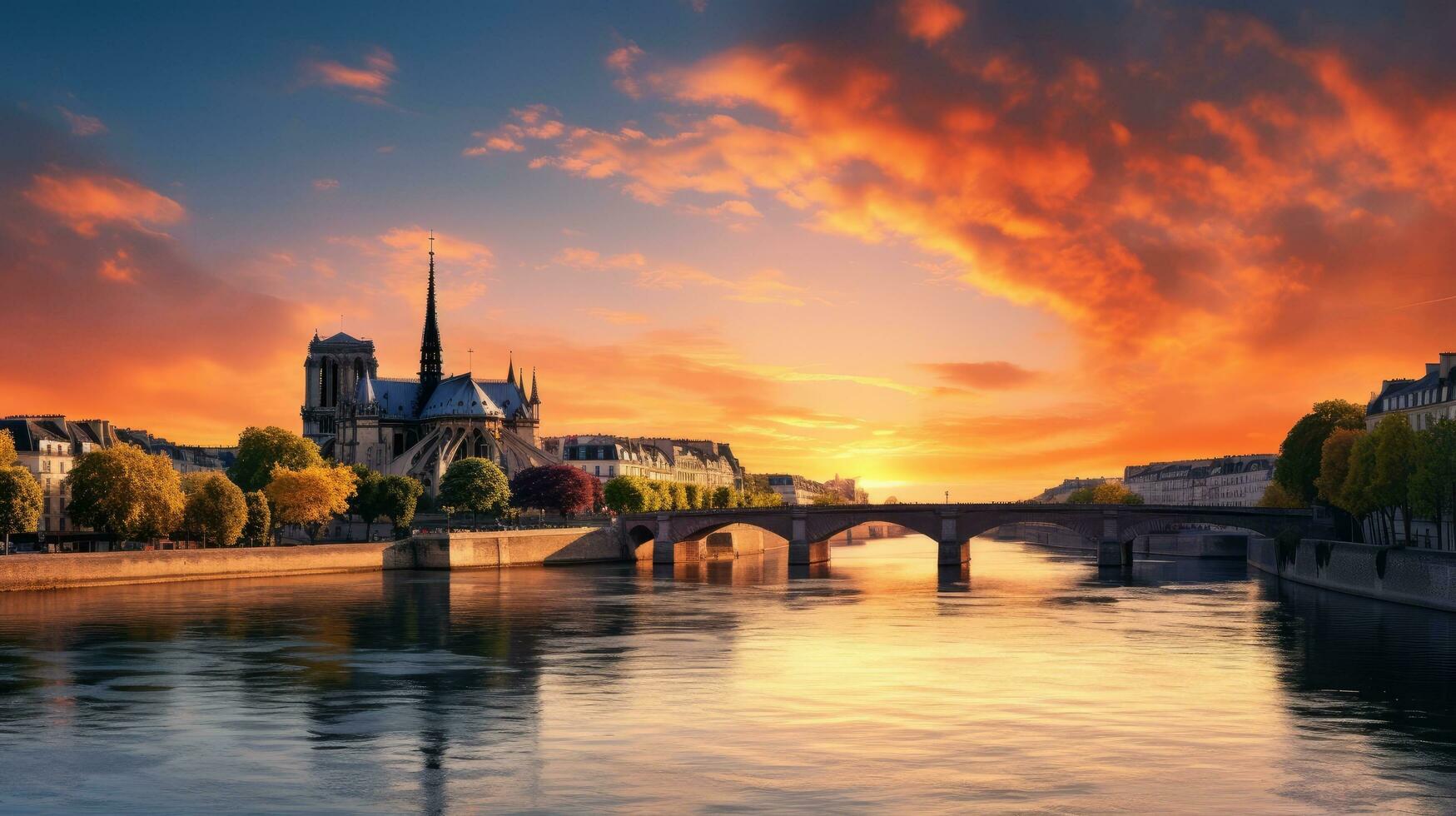 de soluppgång över paris s not flod och gammal stad är en hisnande syn med de ikoniska notre dame de paris i de horisont foto