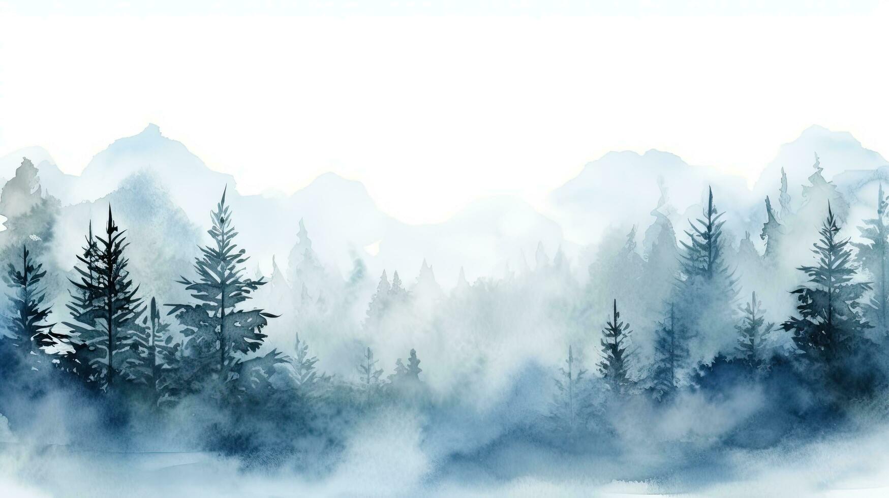 vattenfärg dimmig skog kulle med vintergröna träd frysta taiga horisontell vattenfärg bakgrund foto
