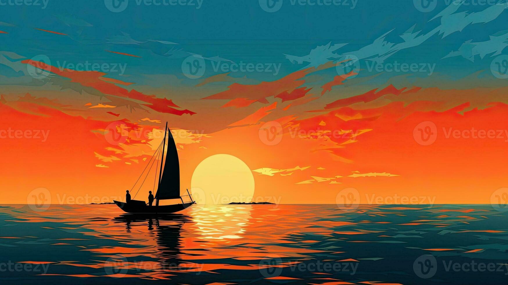 båt översikt på orange och blå himmel reflekterande i de hav foto