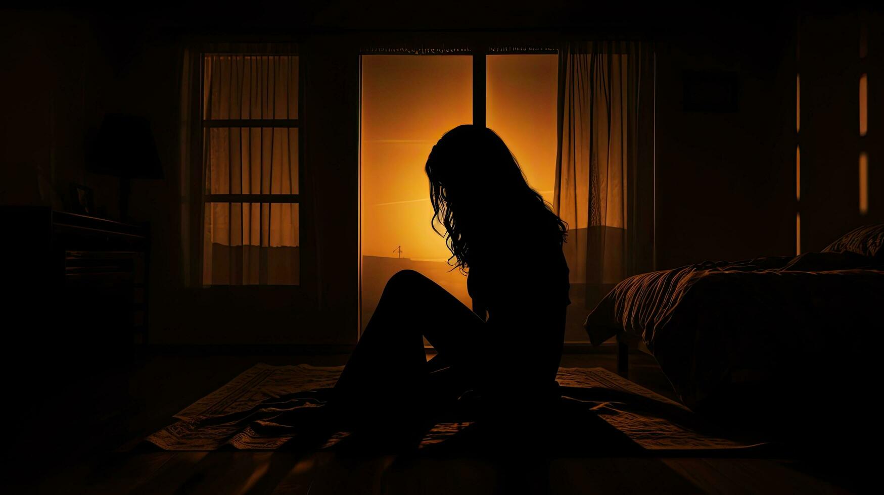 gråt kvinna Sammanträde på en säng i en sovrum foto