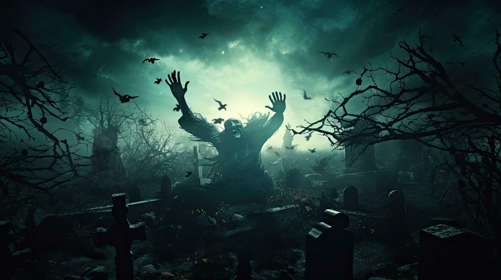 zombie framväxande från kyrkogård på mörk natt foto