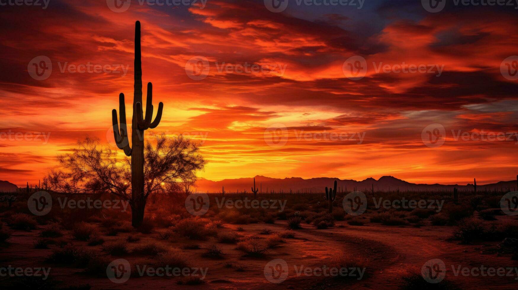 sonoran öken- solnedgång med saguaro s silhuett upplyst foto