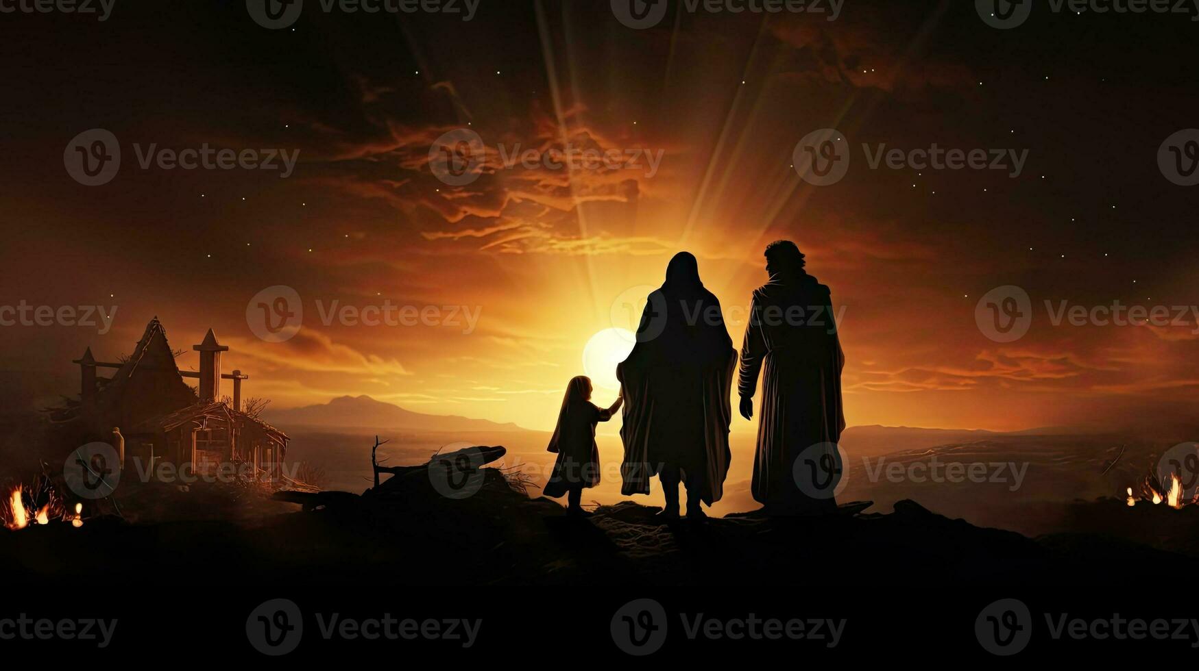 Jesus födelse helig familj och komet på gryning foto