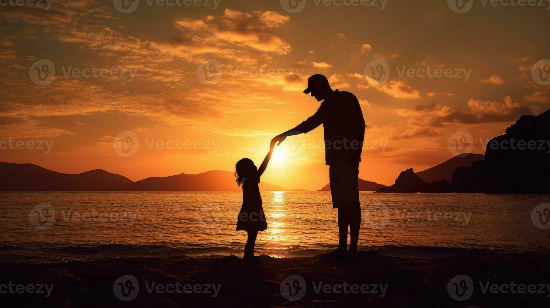 far och barn njuter solnedgång silhuett på strand foto