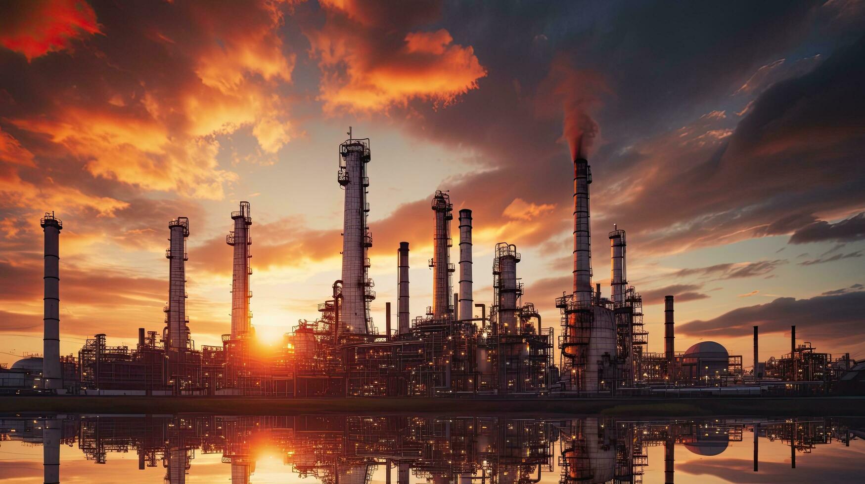 soluppgång bakgrund med ett orange himmel ställer ut de petrokemiska industri highlighting ett olja raffinaderi växt och höga kolumn foto