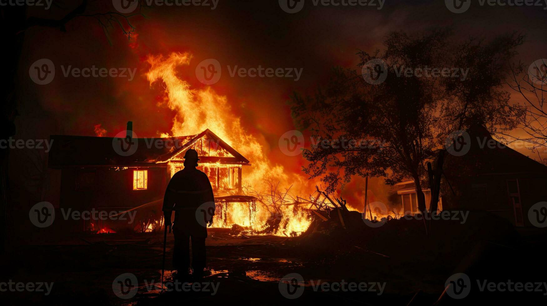 silhuett av brandman i främre av flammande hus foto