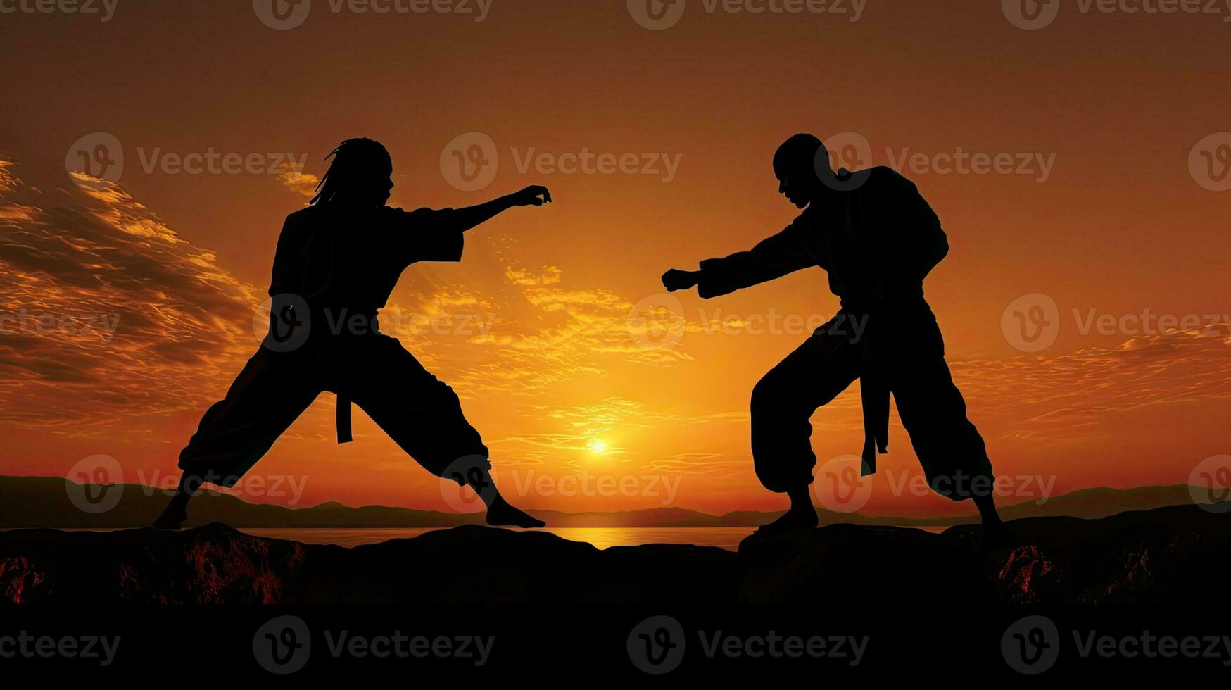 två capoeira kämpar i silhuett utomhus under solnedgång foto
