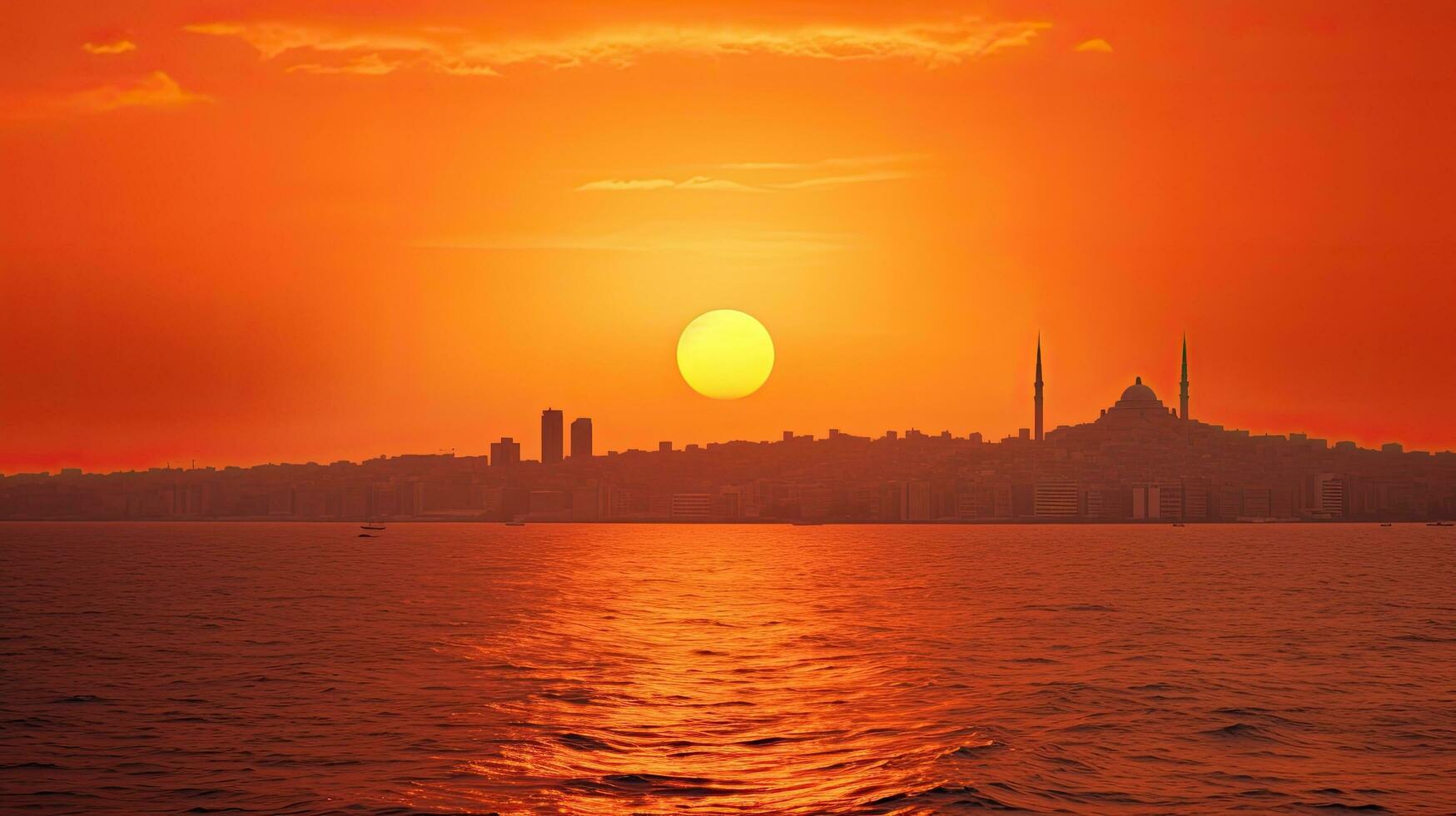 stad av istanbul silhuett på de horisont under ett orange solnedgång över de hav foto