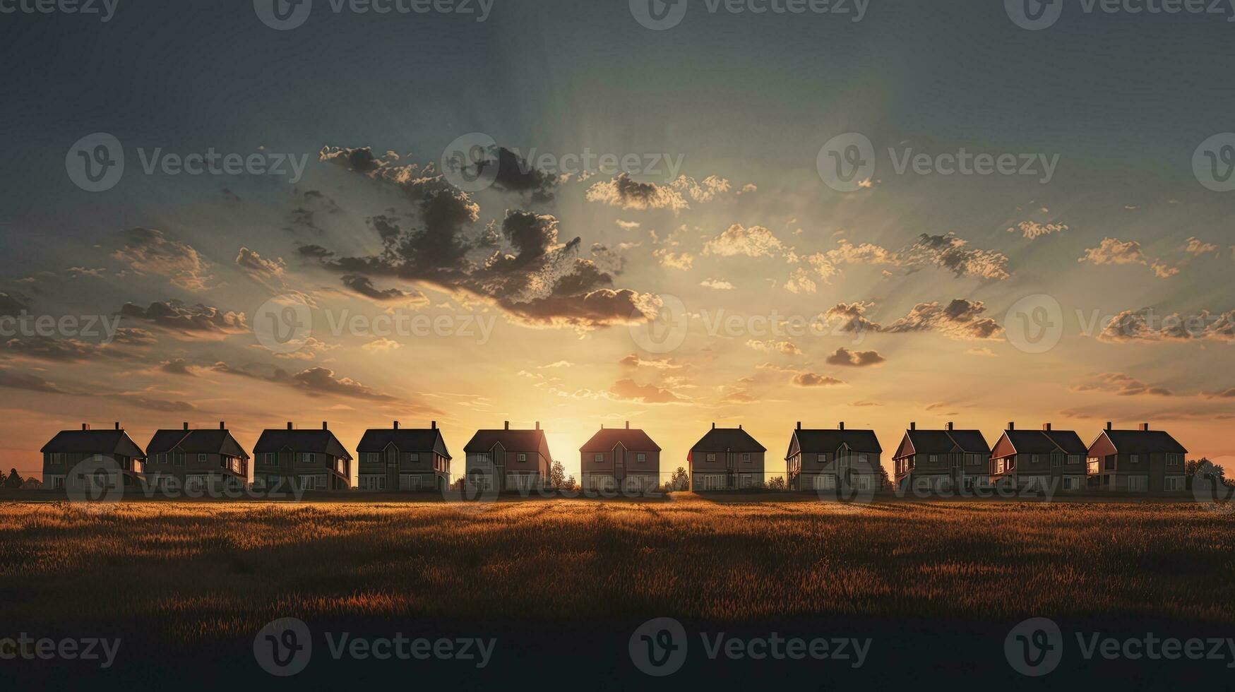silhouetted lantlig hus i en fyrkant skott på solnedgång foto