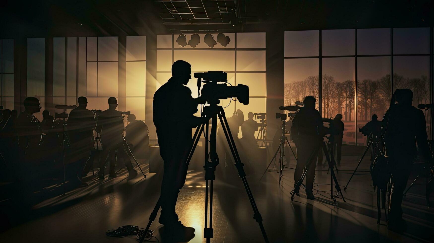 kameraman rörelse video Utrustning inomhus silhuett på en möte rum foto
