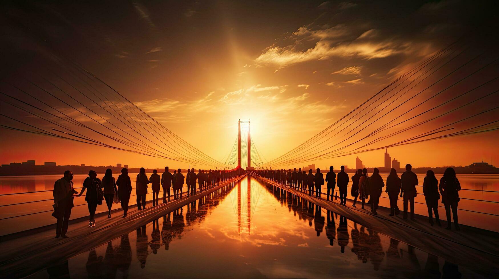 många turister gående på de kabel- stannade bro skapa en skön silhuett mot en drömmande solnedgång foto
