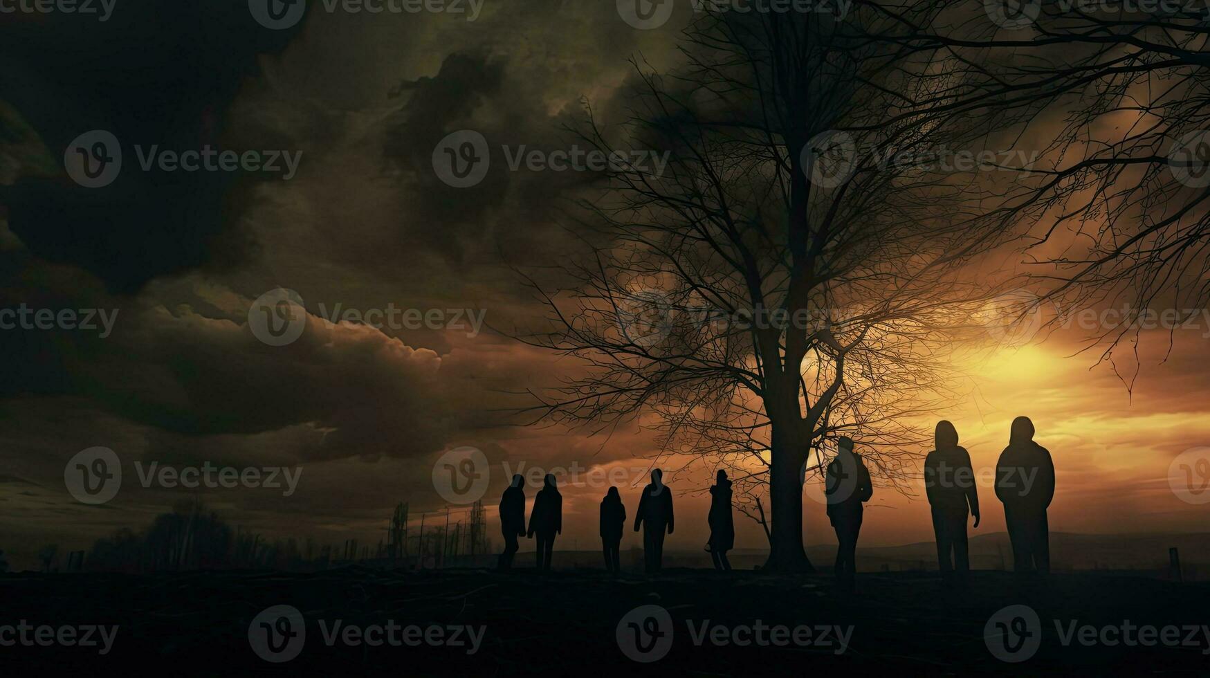 läskigt scen människor s silhuetter förbi bladlösa träd under mörk moln foto