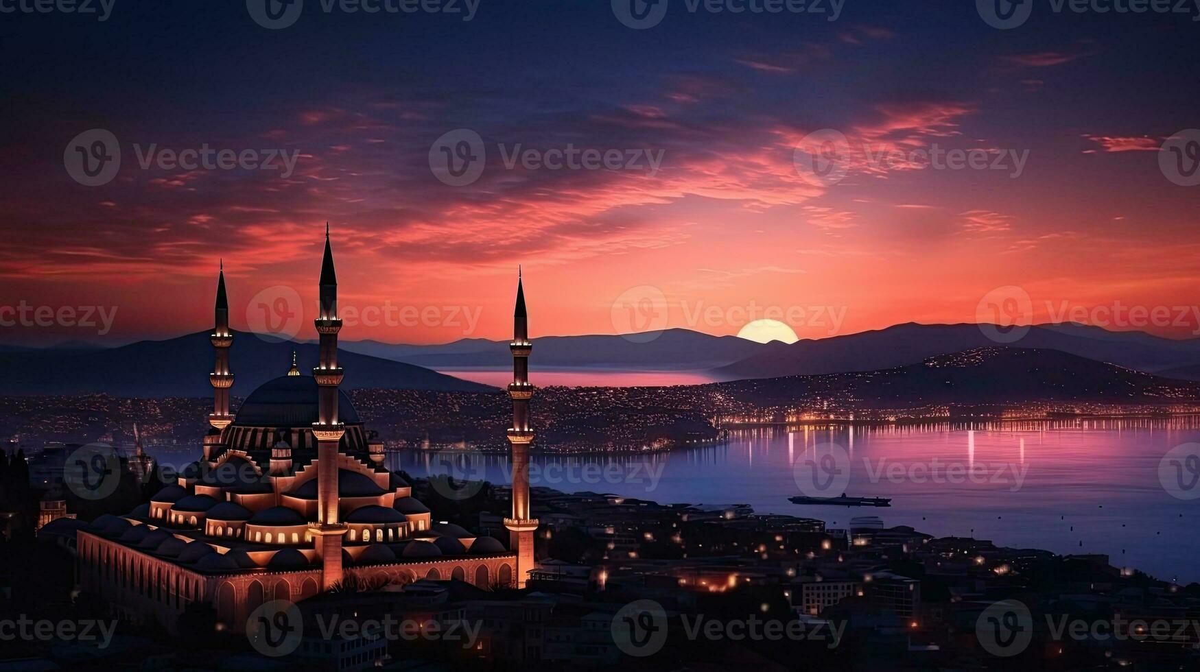 natt se från ovan av istanbul med de s leymaniye moské silhouetted mot en röd kväll himmel och de hav av marmara i de bakgrund foto