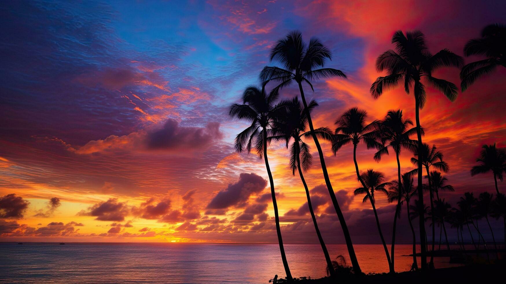 färgrik dramatisk solnedgång himmel över waikiki med handflatan träd silhuetter hav förgrund foto