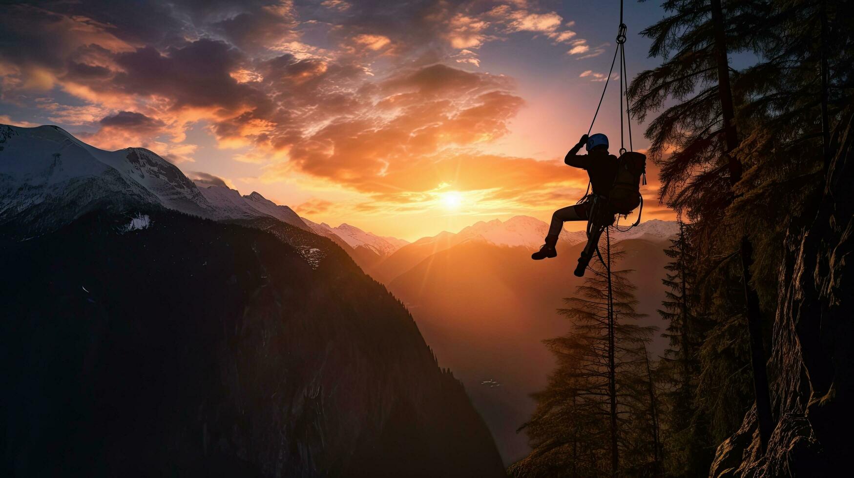 äventyr begrepp fångad i en sammansatt bild av silhuett rappelling från en klippa på färgrik soluppgång eller solnedgång visa upp fantastisk bergen i brittiskt columbia kanada foto