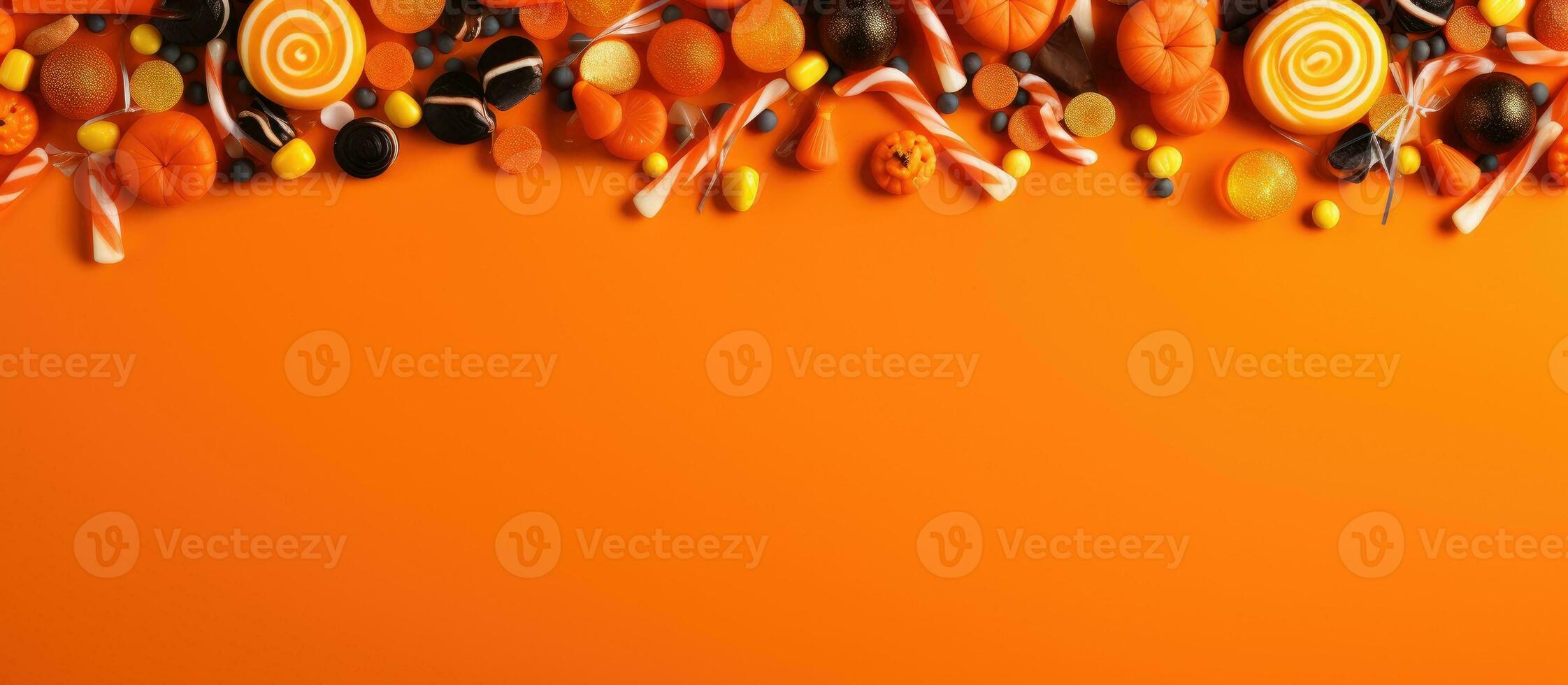 spridd godis och dekorationer på halloween tema gräns sett från ovan över orange baner foto