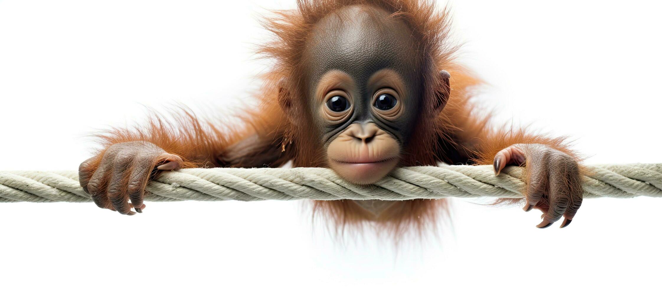 bebis sumatran orangutang på vit bakgrund hängande från rep foto