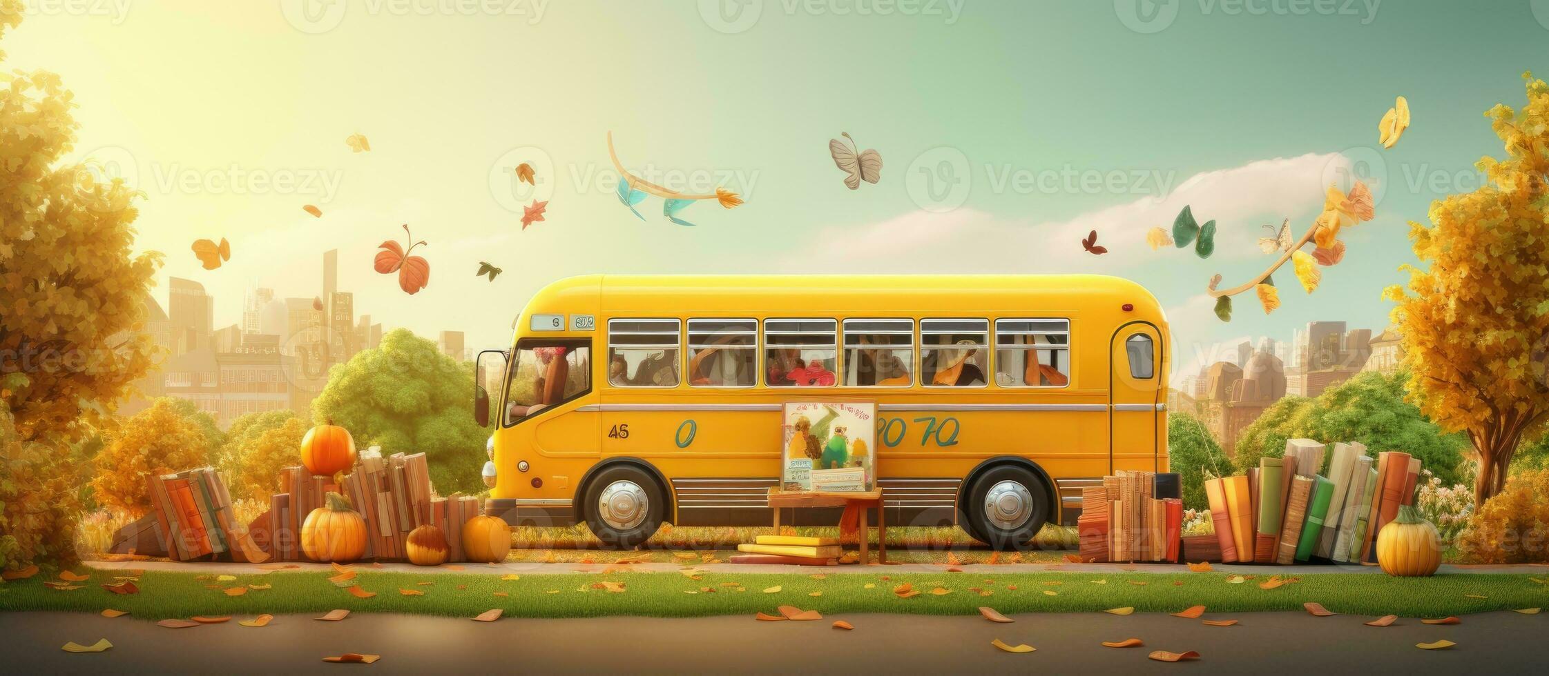 3d illustration skola tema buss anländer med Tillbehör och böcker foto