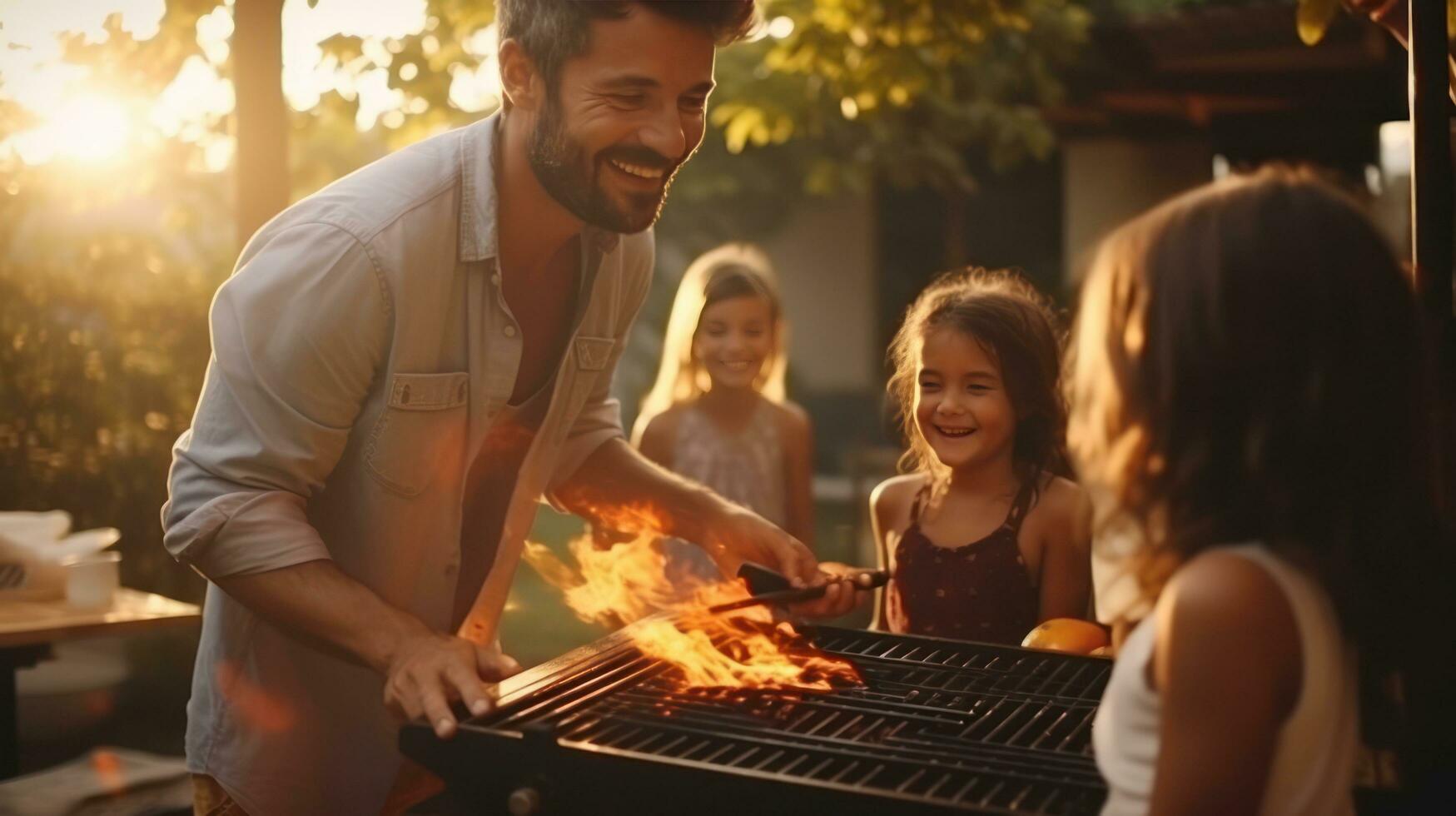 ung familj är grillning på de utegrill foto