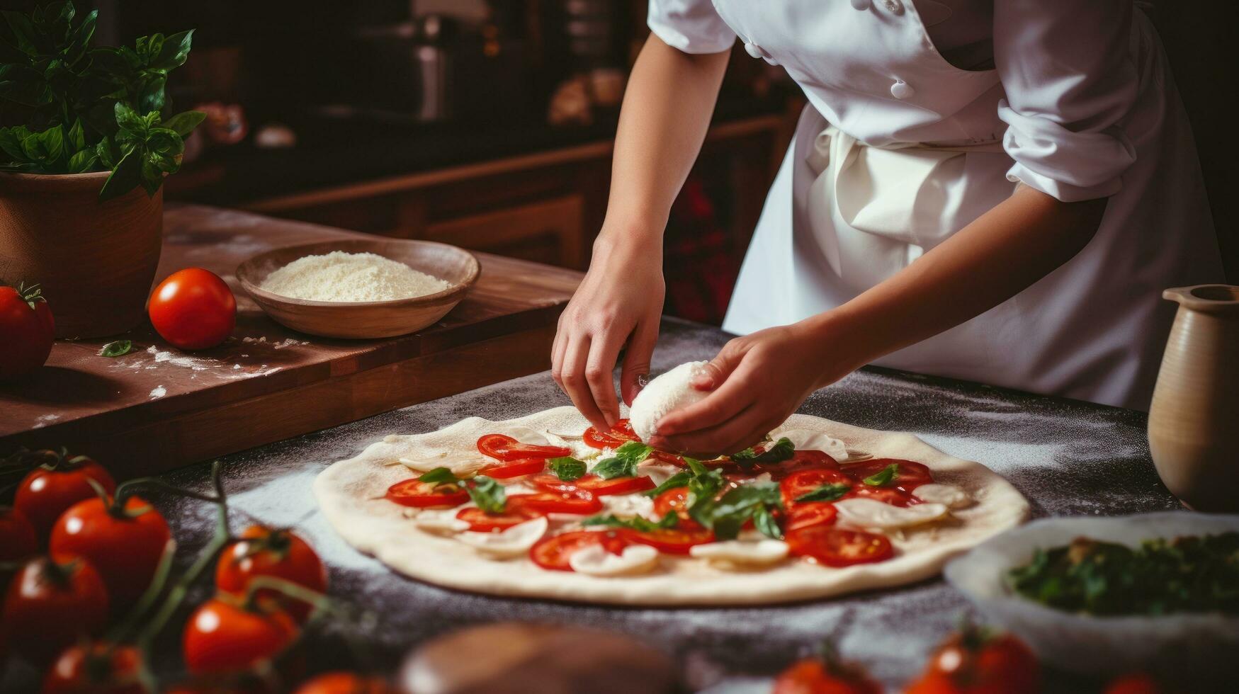 kvinna är matlagning italiensk pizza foto