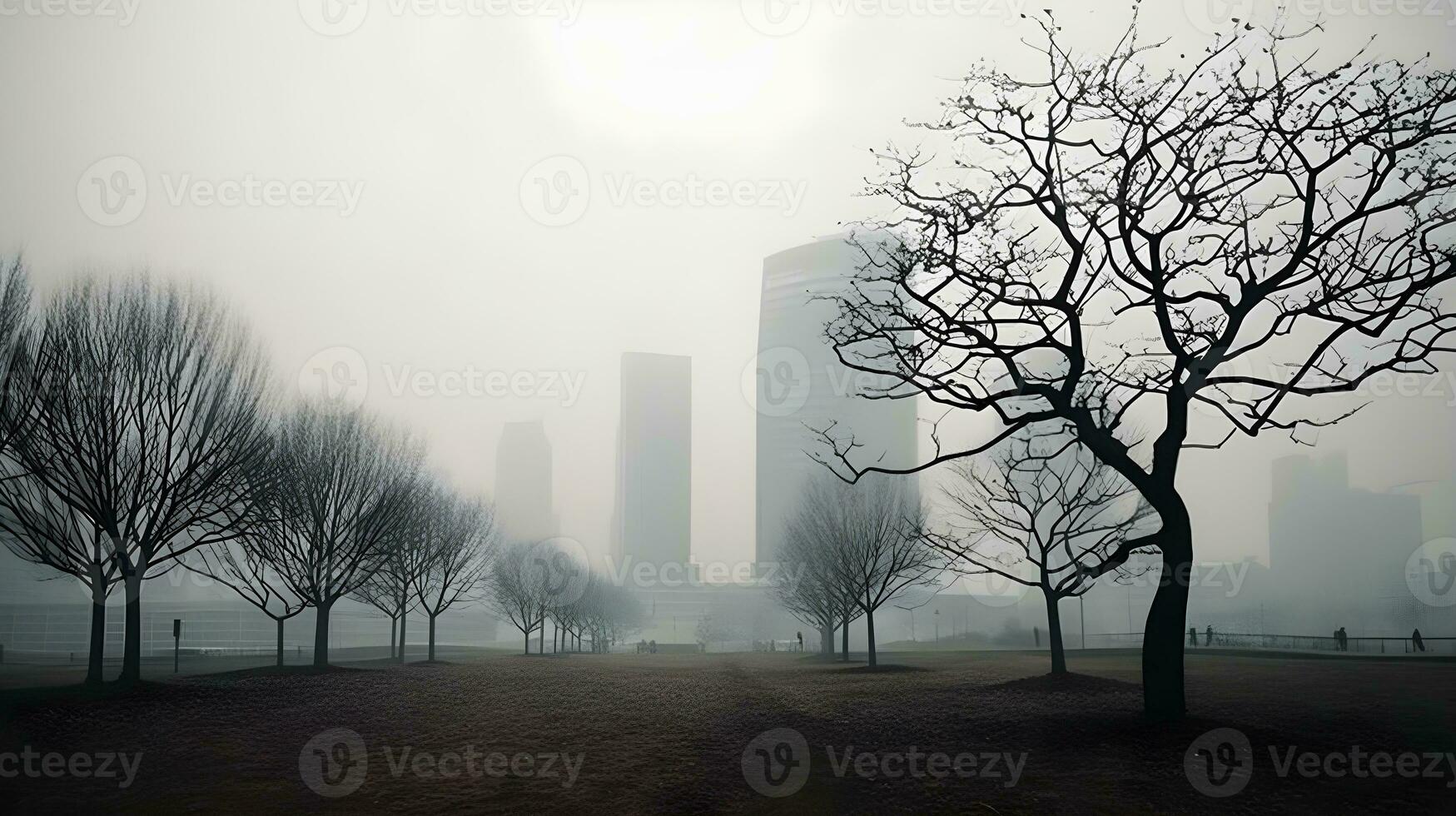 dimmig morgon- stadsbild med dimma, torr träd, och lugn atmosfär. ai genererad foto