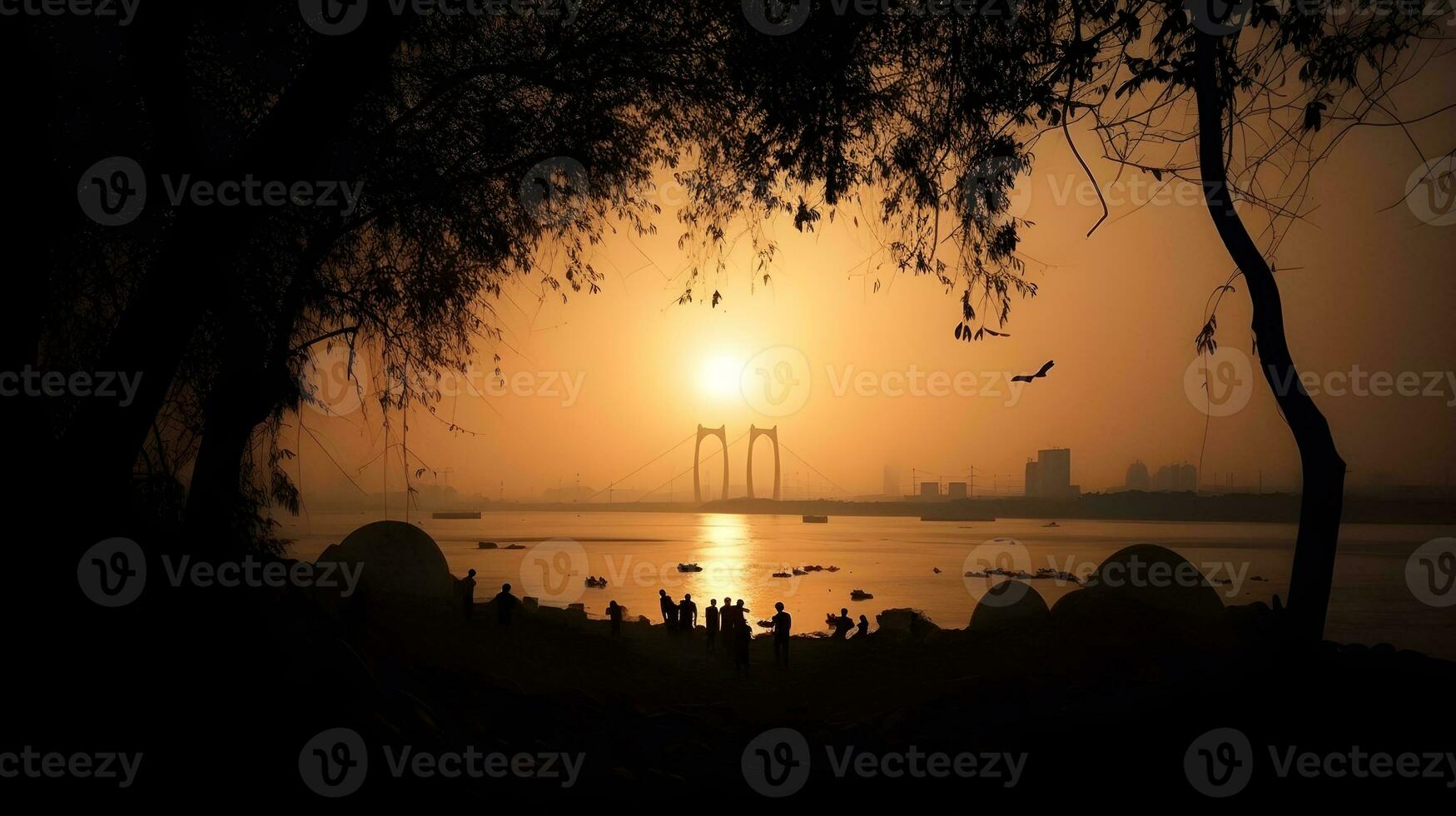 lugn strand på gryning lugna hav, träd silhuett, gyllene solnedgång, bro och stad i de bakgrund. ai genererad foto