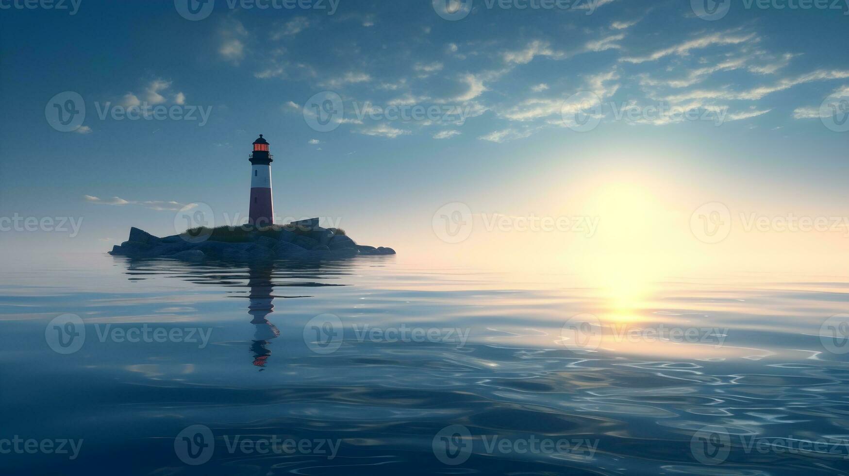 landskap av drömmande blå himmel blå vatten och en fyr fyr, reflexion på de vatten. ai genererad foto