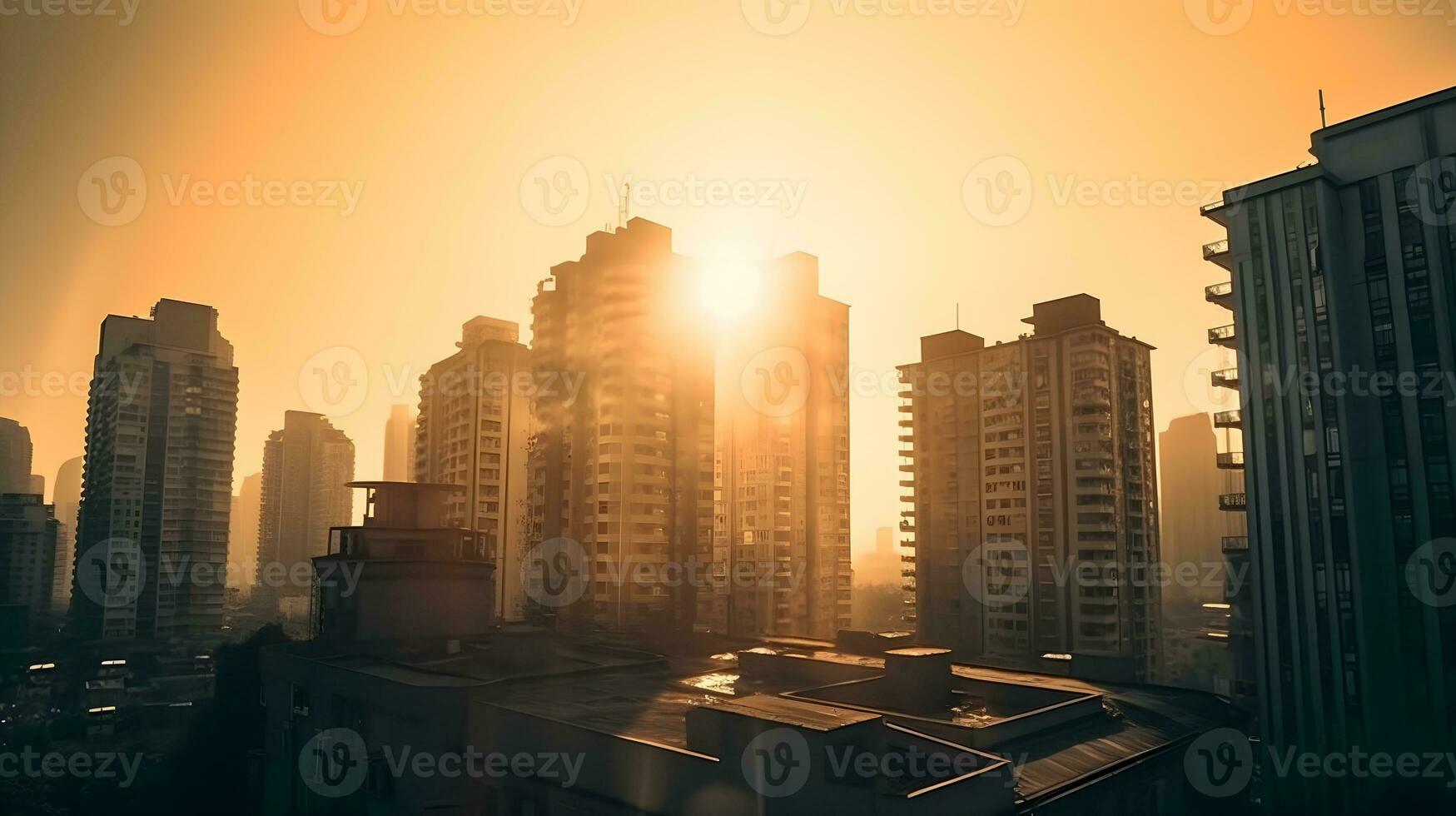 solnedgång Bakom horisont av lägenhet byggnader i de bostads- grannskap. ai genererad foto