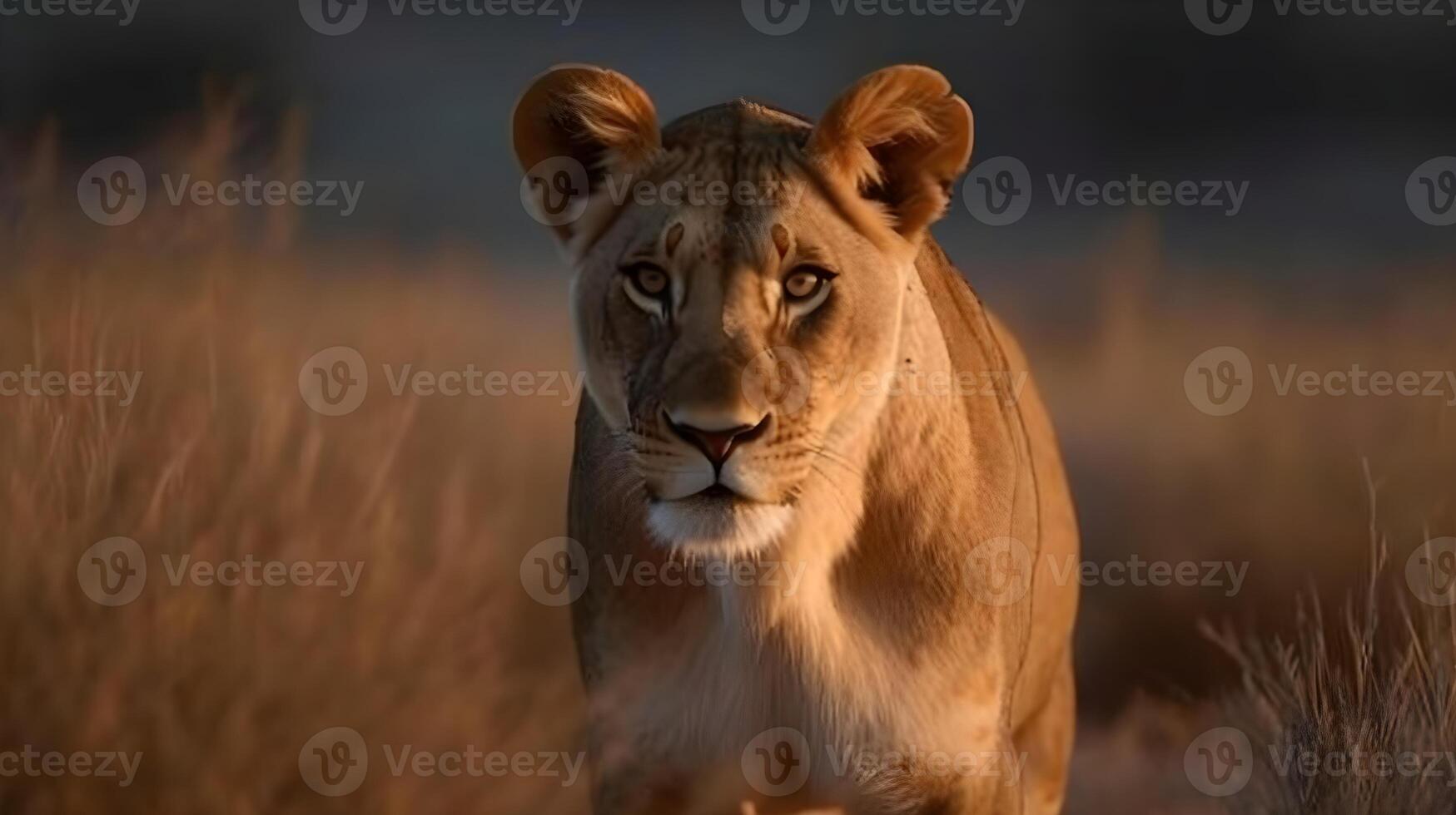 stänga upp porträtt våldsam rovdjur kvinna lejon, stirra eller ser på de kamera på de savann öken- bakgrund. ai genererad foto