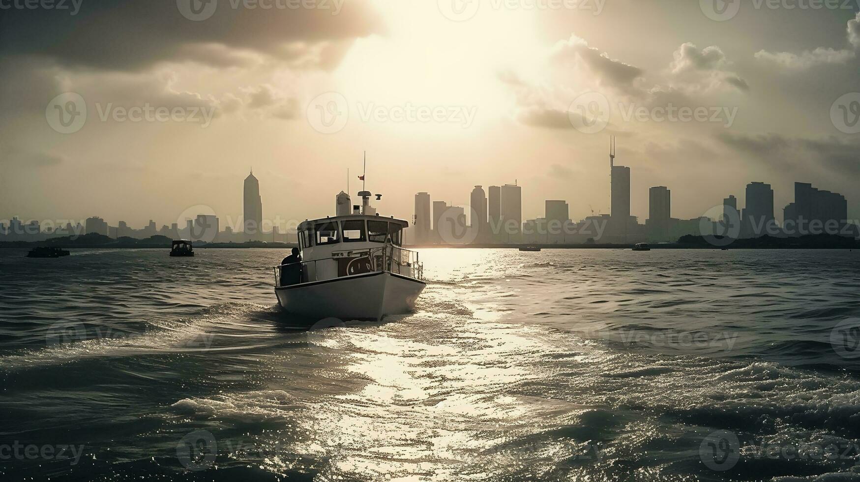 landskap av skön stadsbild med morgon- horisont se från de hav, små fartyg transport. ai genererad foto