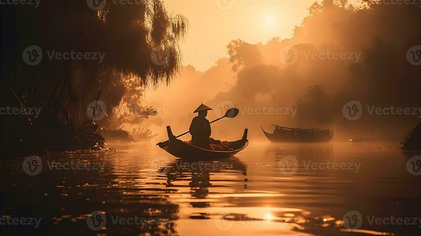 silhuett av en man på en båt, reflekterande i lugna vatten, under en lugn morgon. ai genererad foto