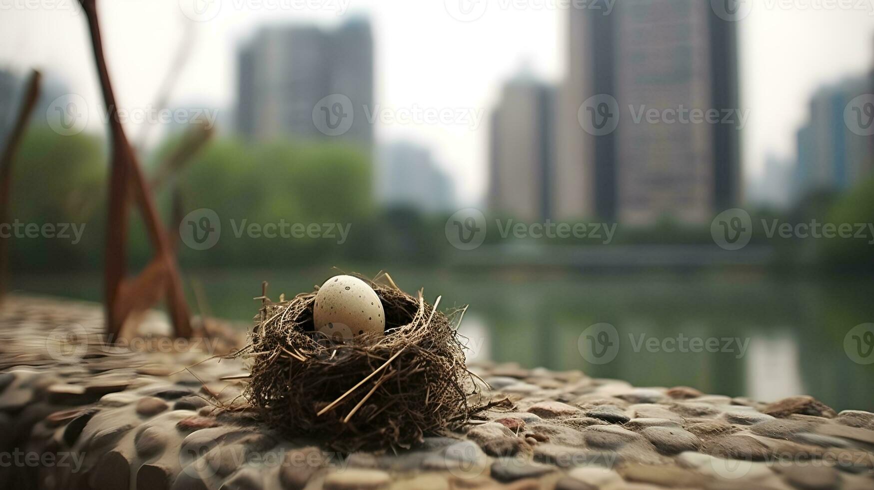 ett ägg i en fågel bo på sjö sida med suddigt stadsbild med sjö se, och vibrerande stad liv. ai genererad foto