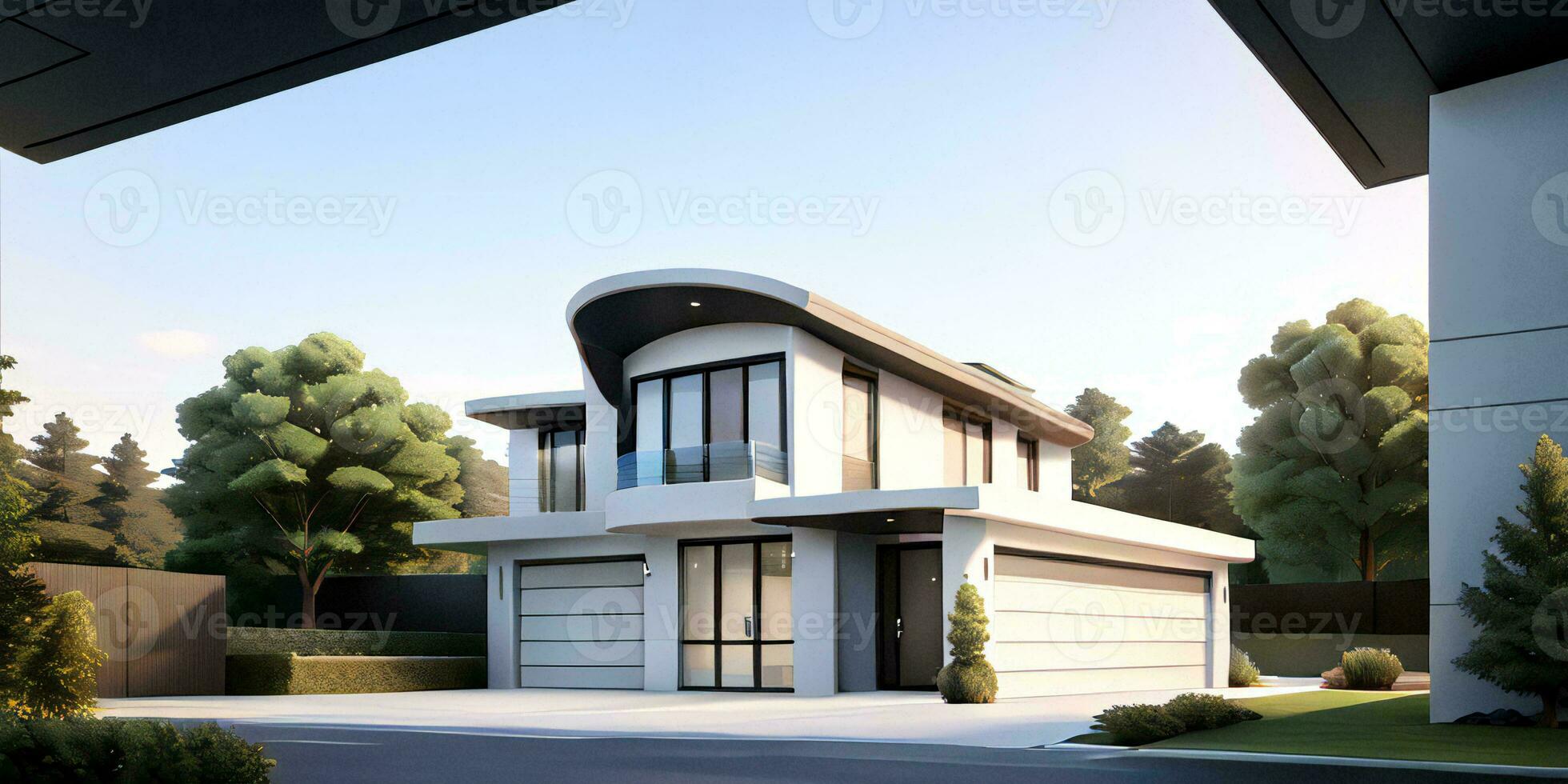 en modern hus med en uppfart i främre av den ai genererad foto