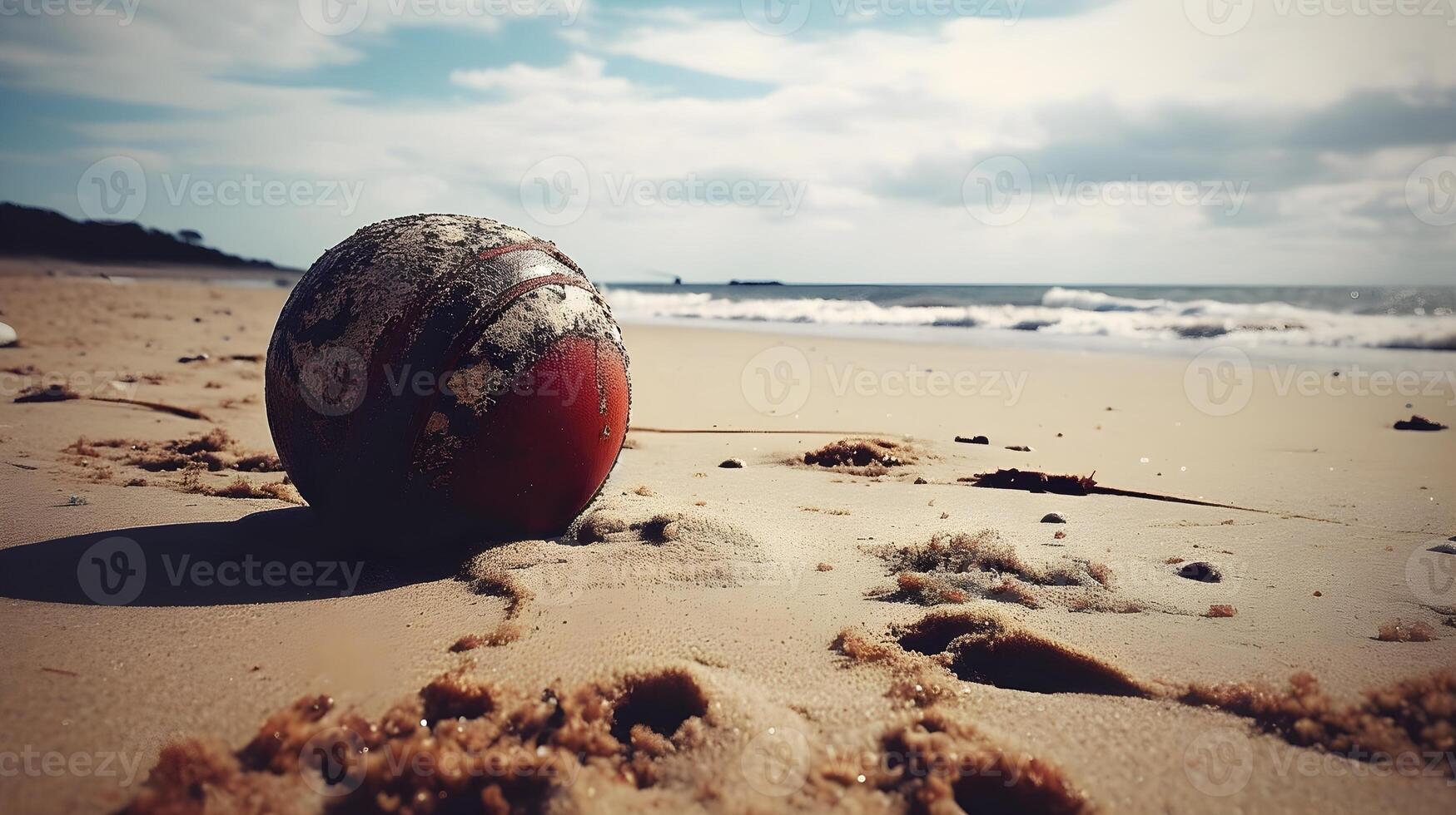 strand boll på de skön strand med blå molnig himmel. strand boll spel sport begrepp. ai genererad foto