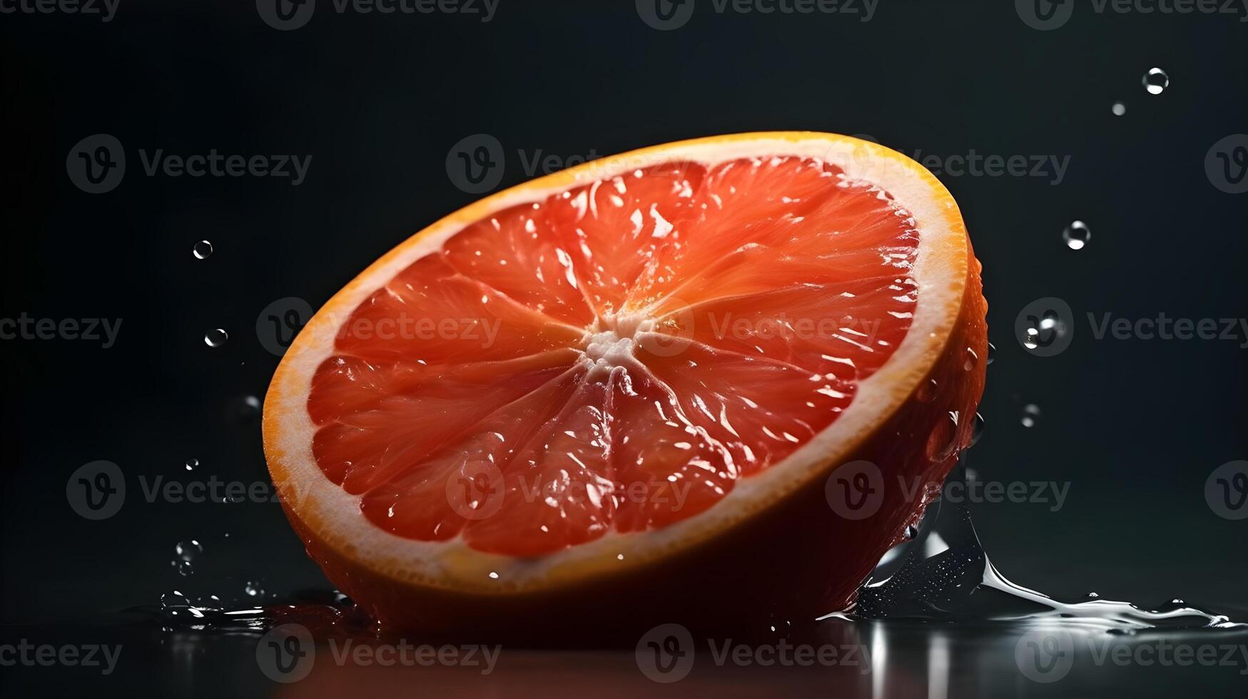 skiva av gul grapefrukt röd i de inuti faller i de vatten yta explosion och stänk. ai genererad foto