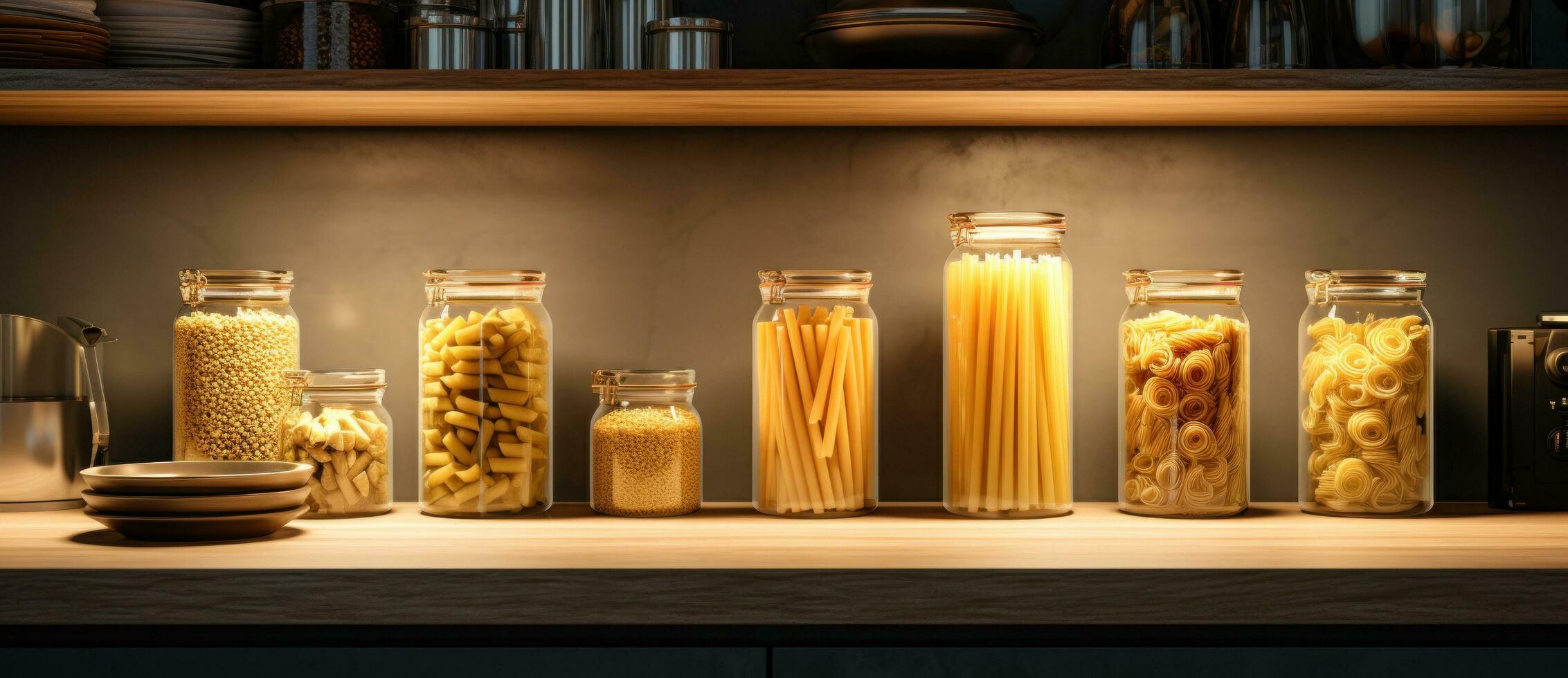 en samling av burkar är visad med olika pasta i dem foto