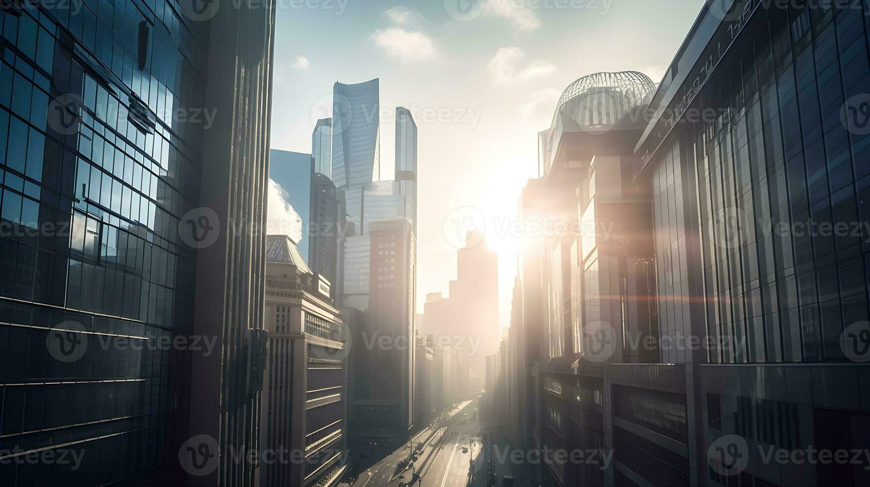panorama- urban horisonter en ljus metropol reflekterande de solljus i de stadsbild full av skyskrapa. ai genererad foto