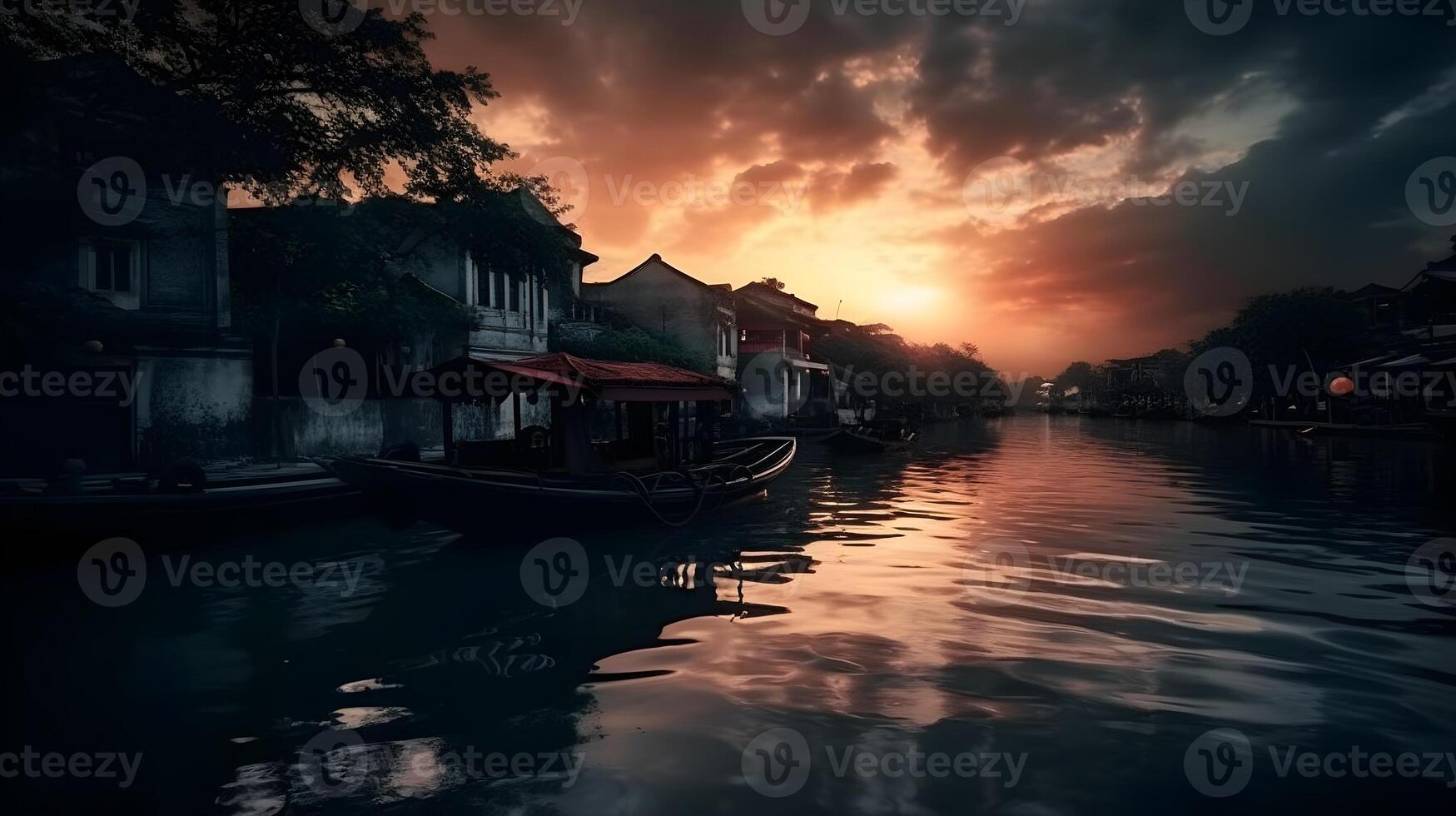 flod sida bostads- arkitektur upplyst förbi solnedgång, molnig himmel, reflektera i vatten, skapande en lugn scen, orientalisk flytande by, båt transport. ai genererad foto