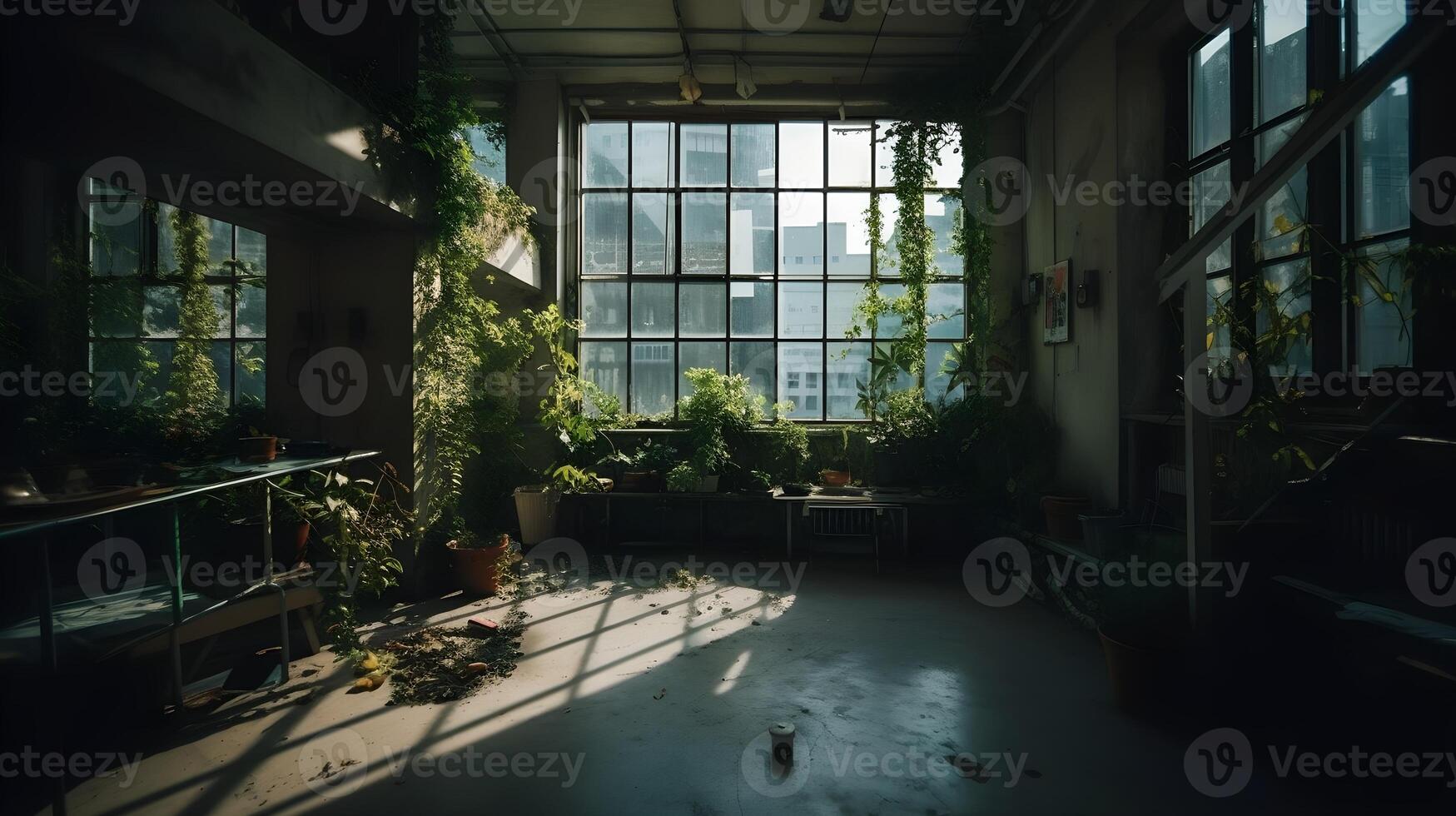 övergiven stad byggnad med naturlig ljus och grönska genom tömma fönster. ai genererad foto