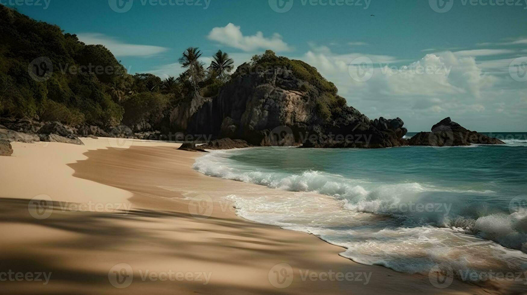 landskap av skön transparent turkos vatten strand, vit sand och tropisk grön och klippa, och klippig berg. oupptäckt ö. ai genererad foto