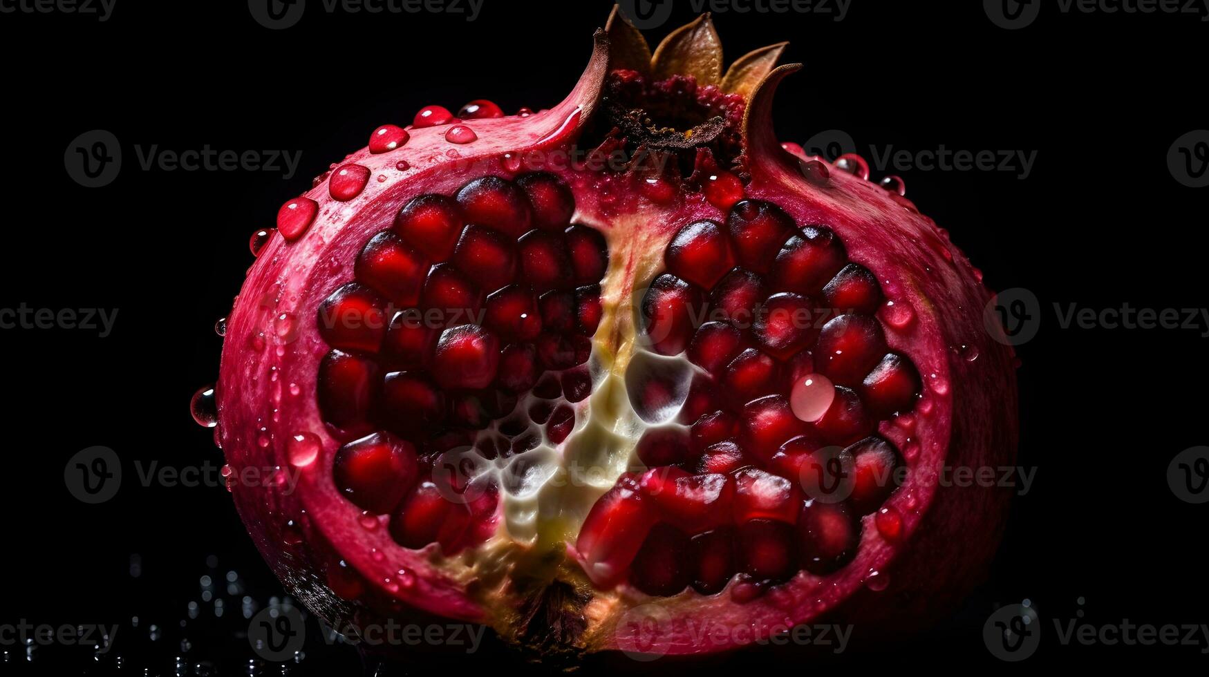 skivad av röd granatäpple eller punica granatum frukt med vatten droppar isolerat på svart bakgrund. ai genererad foto