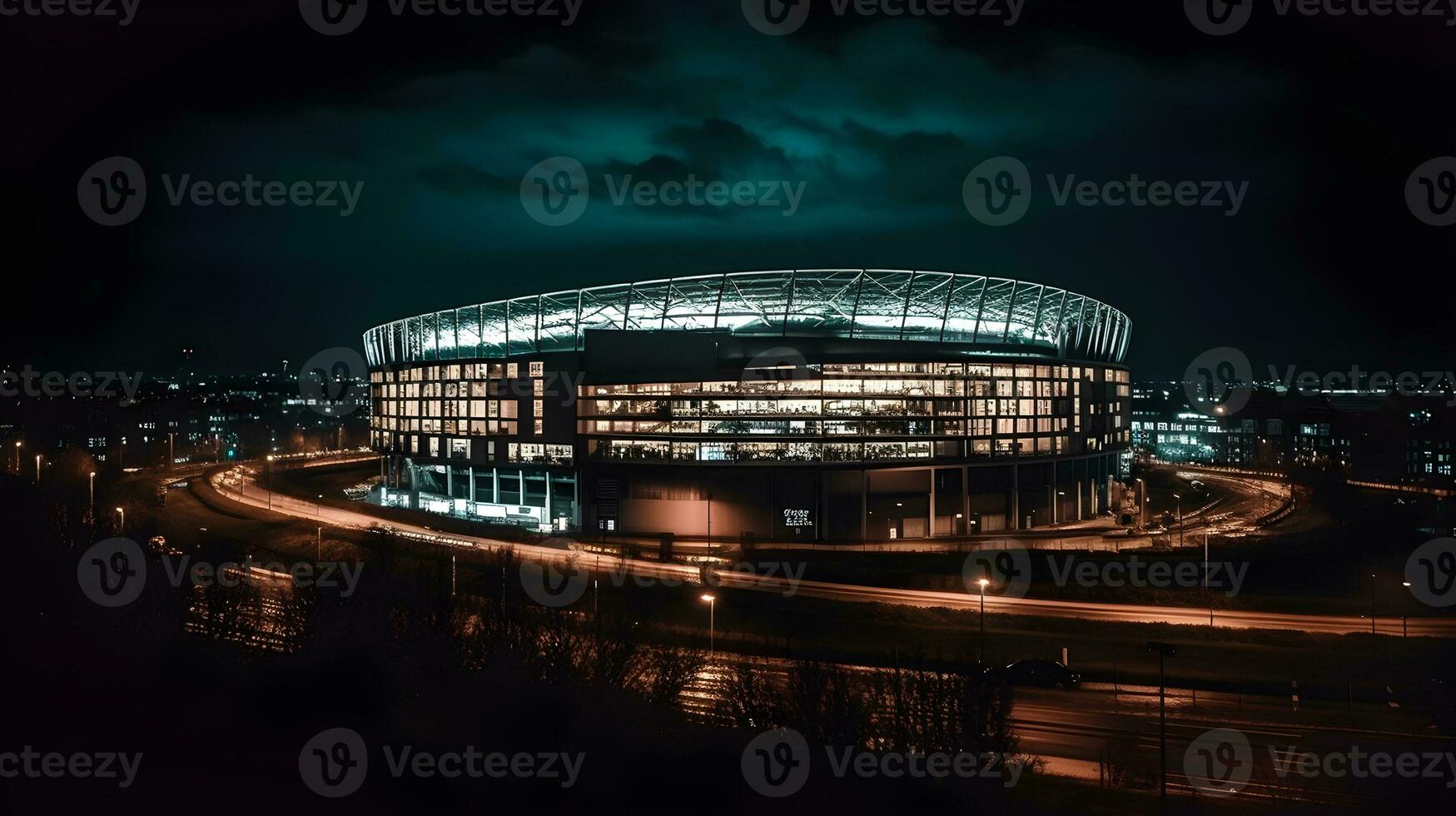 se av fotboll stadion byggnad på natt ,fotboll stadion på natt ,generativ ai foto