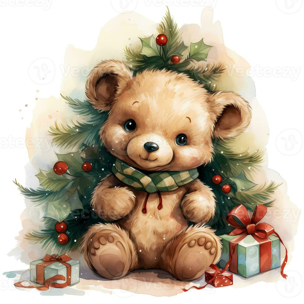 söt teddy Björn i en santa claus hatt med en gåva och en jul träd ai generativ foto