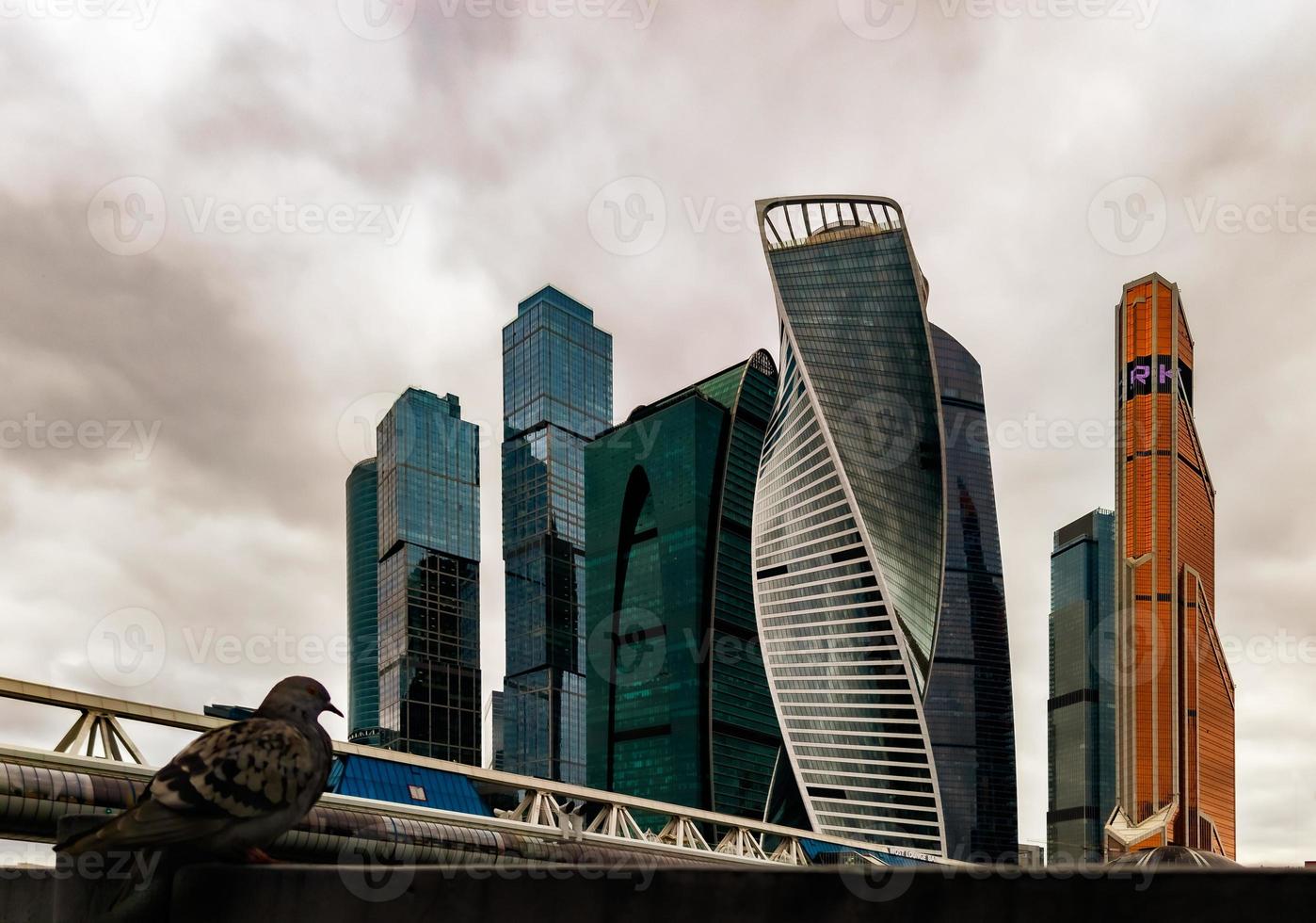 panorama över Moskva internationella affärscenter på en skymd dag och duvan. foto