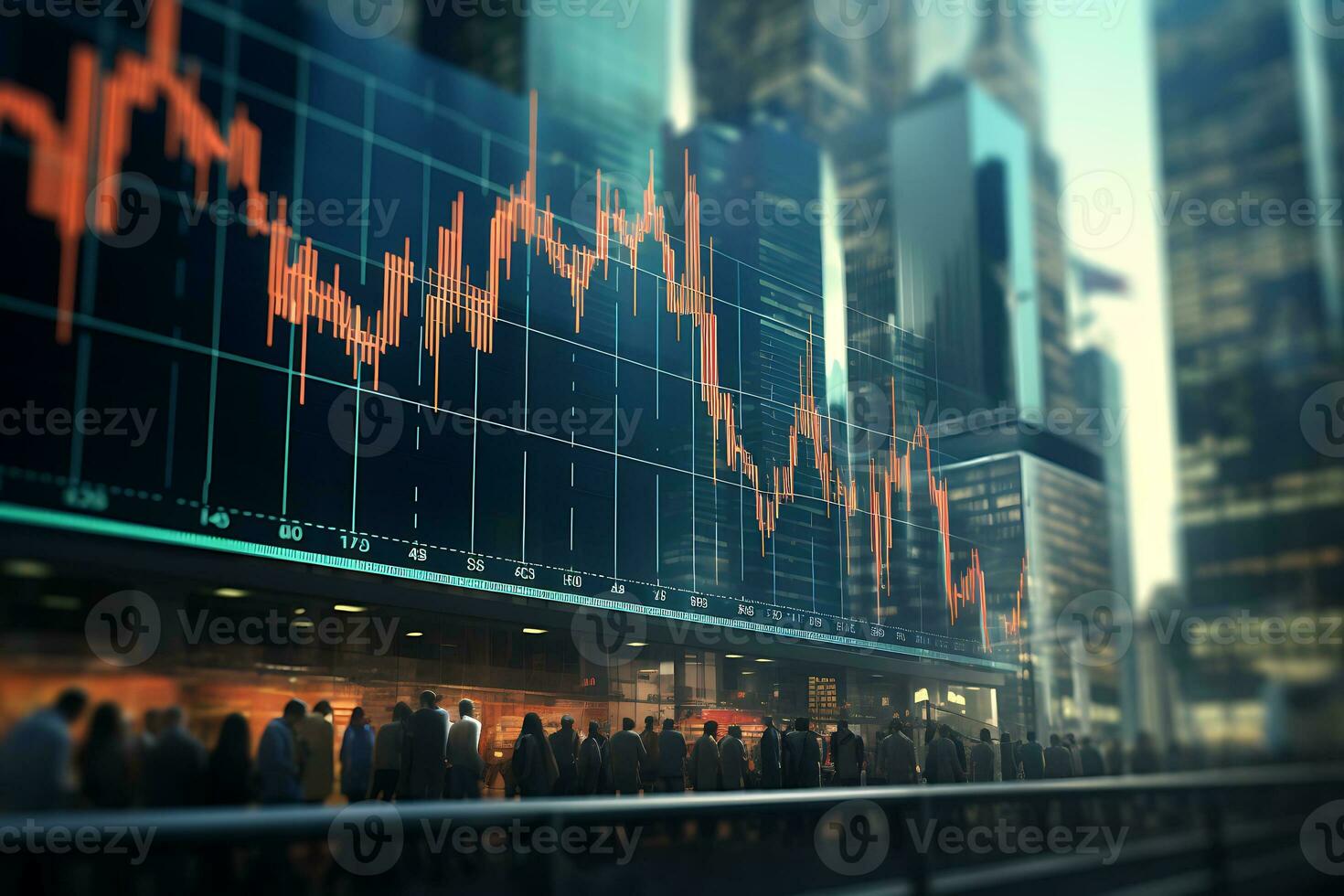 dubbel- exponering av abstrakt finansiell Graf med värld Karta på kontor byggnader bakgrund, forex och investering begrepp. ai genererad foto