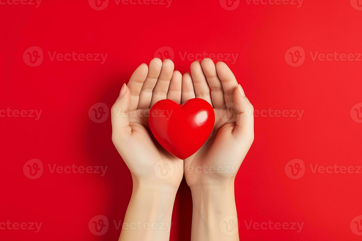 mild kvinna händer håll en röd hjärta på en röd bakgrund. hjärtans dag ai genererad foto