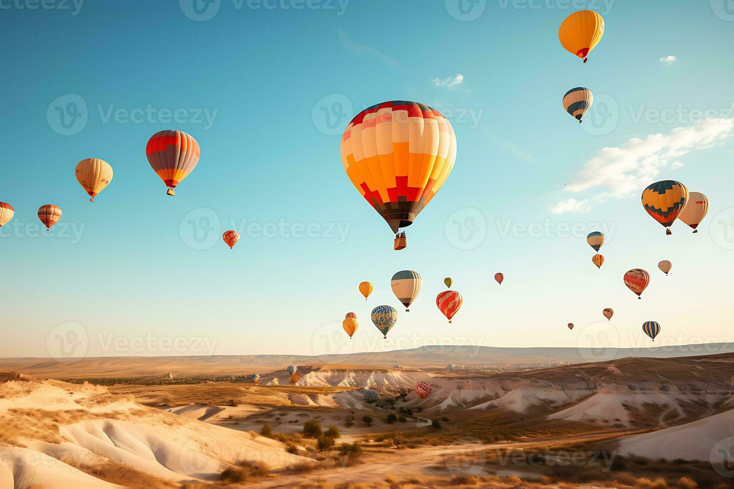 färgrik varm luft ballonger flygande över sten landskap. Kappadokien, Kalkon. ai genererad. foto