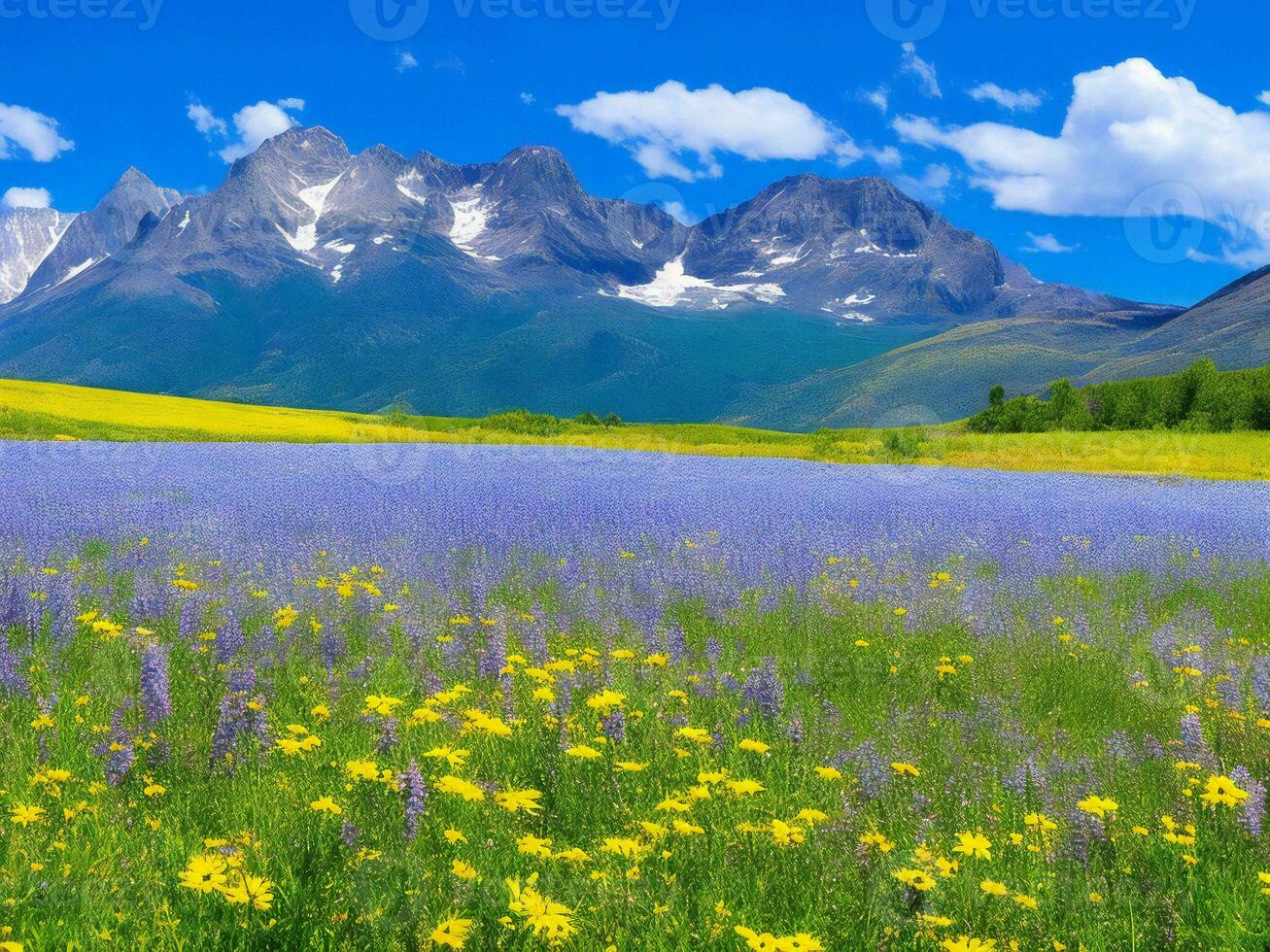 de äng av blommor och bergen ai genererad foto