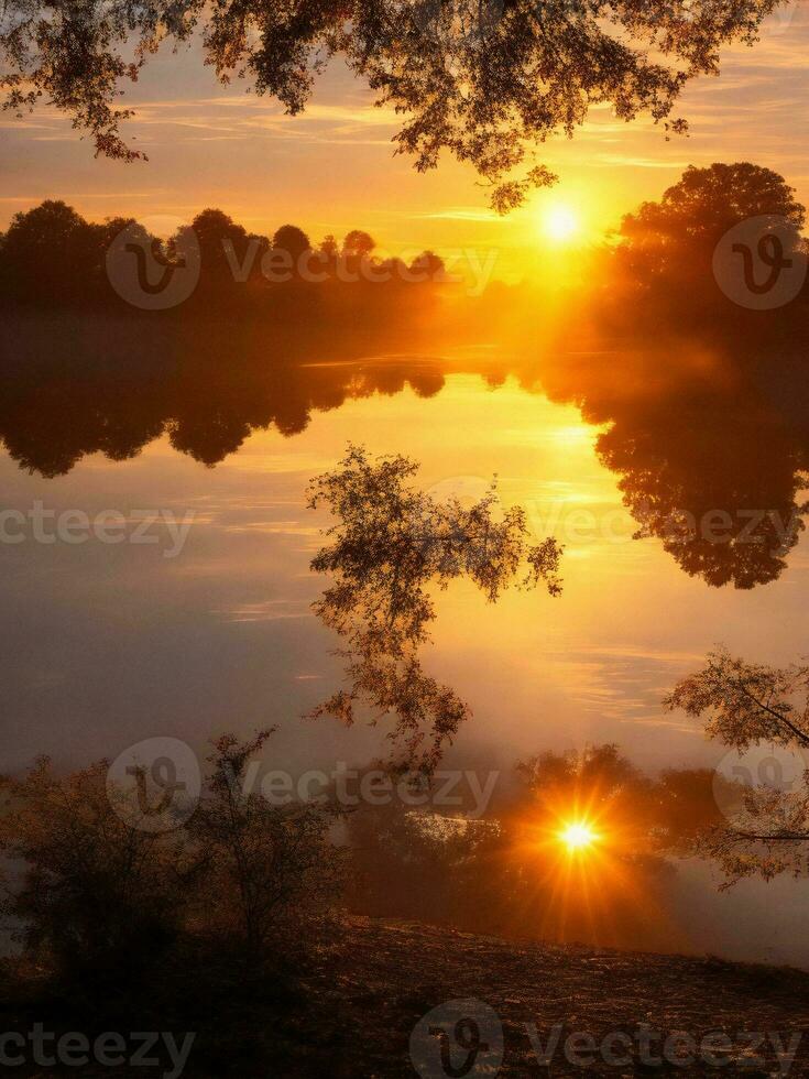 de Sol stiger över en flod i de morgon- ai genererad foto